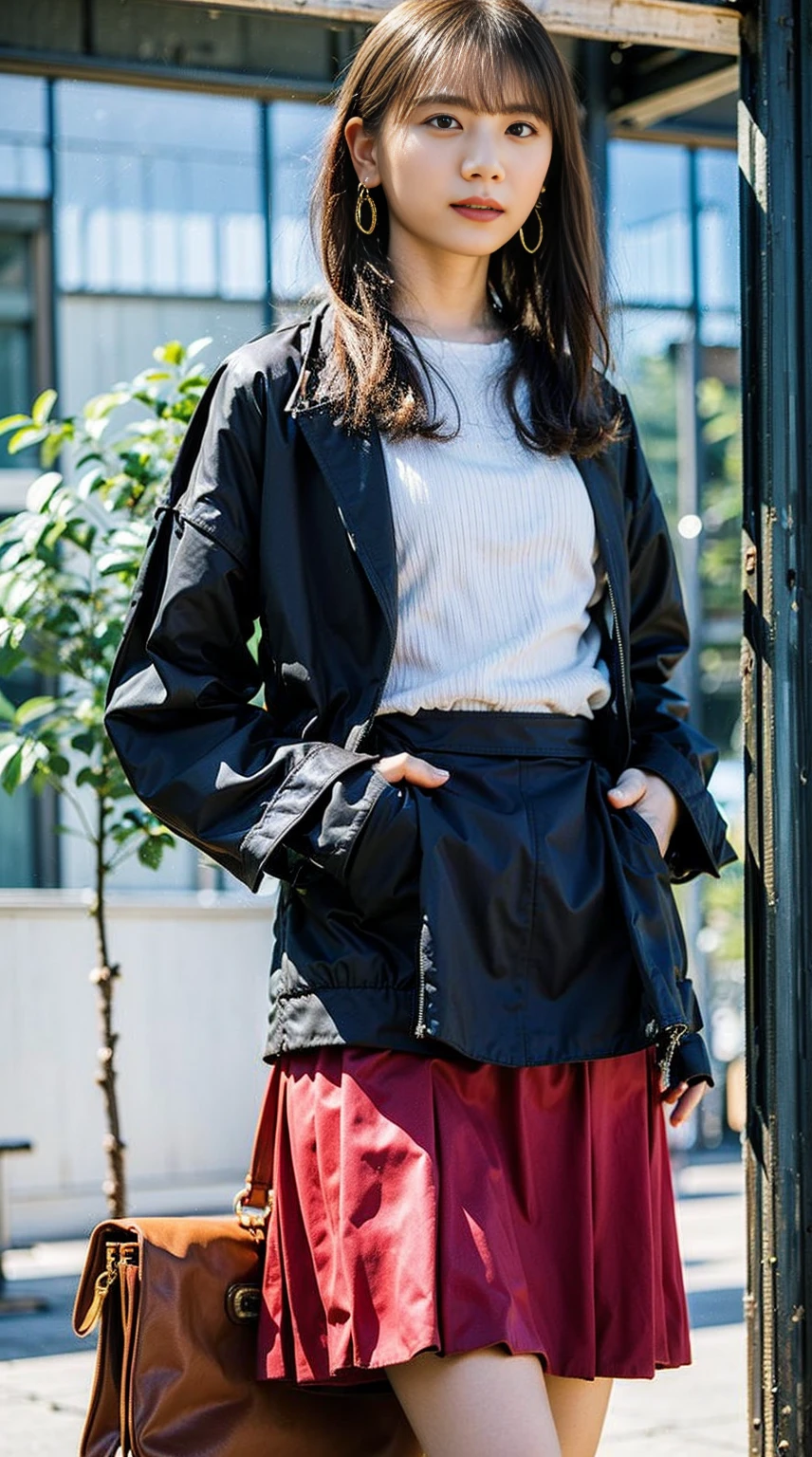 masterpiece, great work, whole body, 1 girl,  mini skirt, blush, bracelet, beautiful breasts, , gradient hair, long hair, looking at the audience, loose earrings, checked skirt, red eyes, ring, smile, alone,  fashion, woman, vitality,  take a pose, front, colorful,concentrated、whole body画像(1:5）、thin legs、Are standing、put your hands on your hips、idol costume、boots、whole body画像、Chest emphasis、pink costume、stand with legs apart