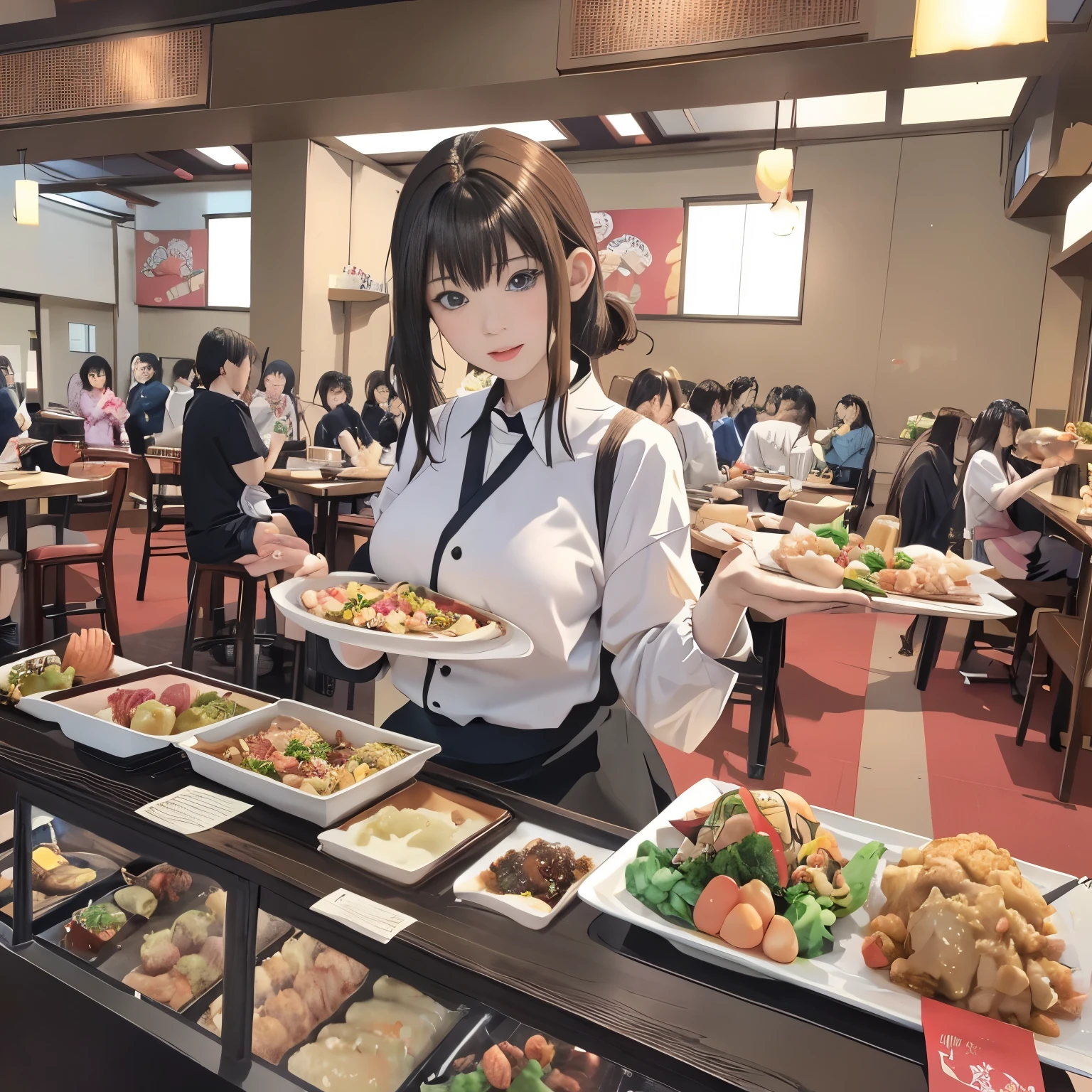 最高masterpiece、realistic anime images、masterpiece、1 girl、23 years old、（standing position、looks fun、put food on a tray）、（Buffet style restaurant、Lots of food on the table）