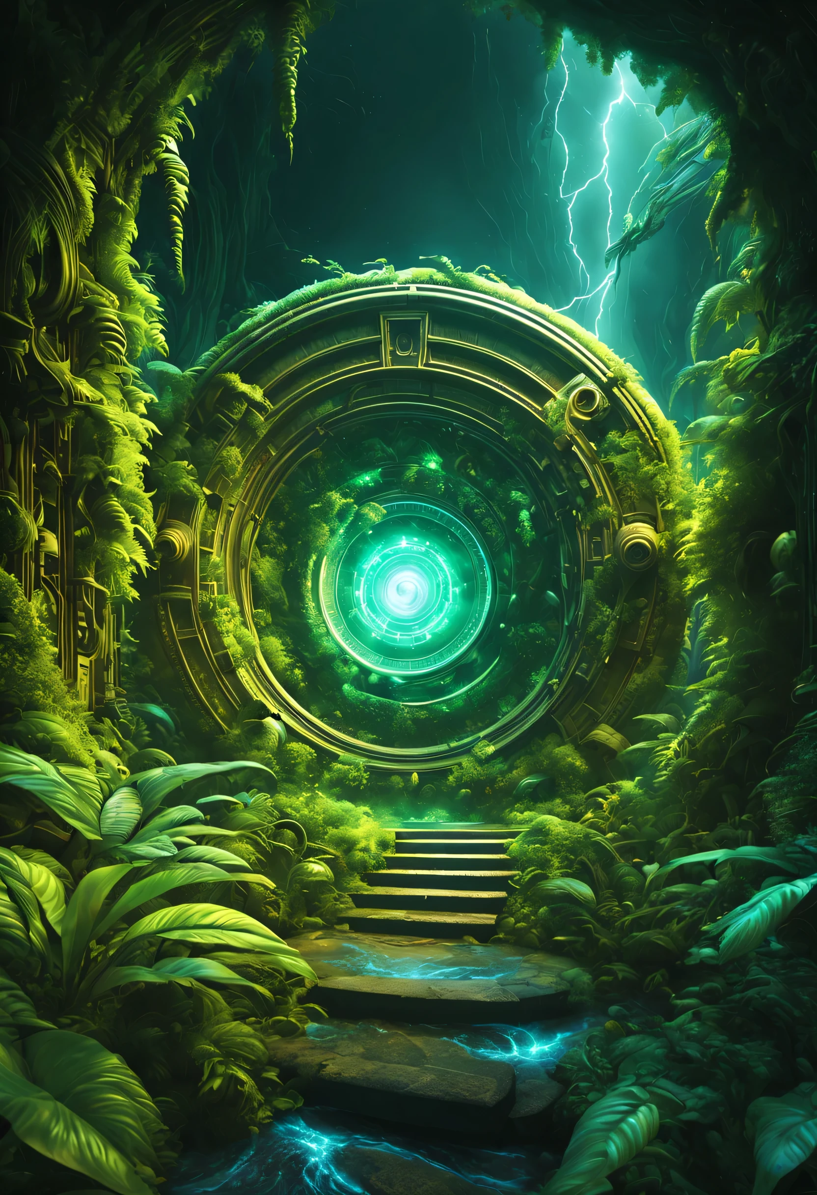  The Gate of Time and Space is covered with lush plants，Web portals，wormhole，swirl，distortion，Mechanical gears，connected, Alien worlds and alien jungles，alien creatures，lightning，wave，lightwave，Luminous ions，Ray tracing