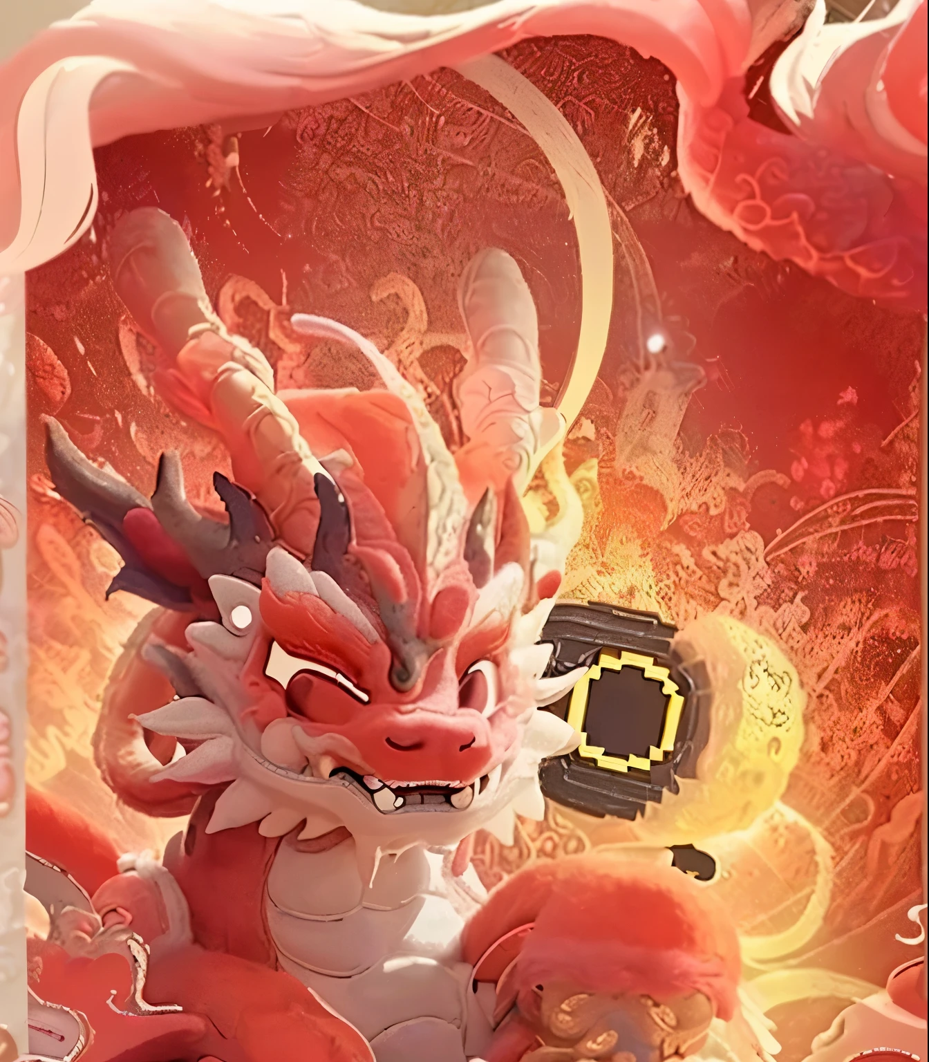 Chinese dragon，CNY，红色…
Chinese dragon，cute，3D，pastels，Felt style，Macaron tones，wide angle shot，Chinese architecture in front of the camera，New year festive background high details，best quality，Lighting effects