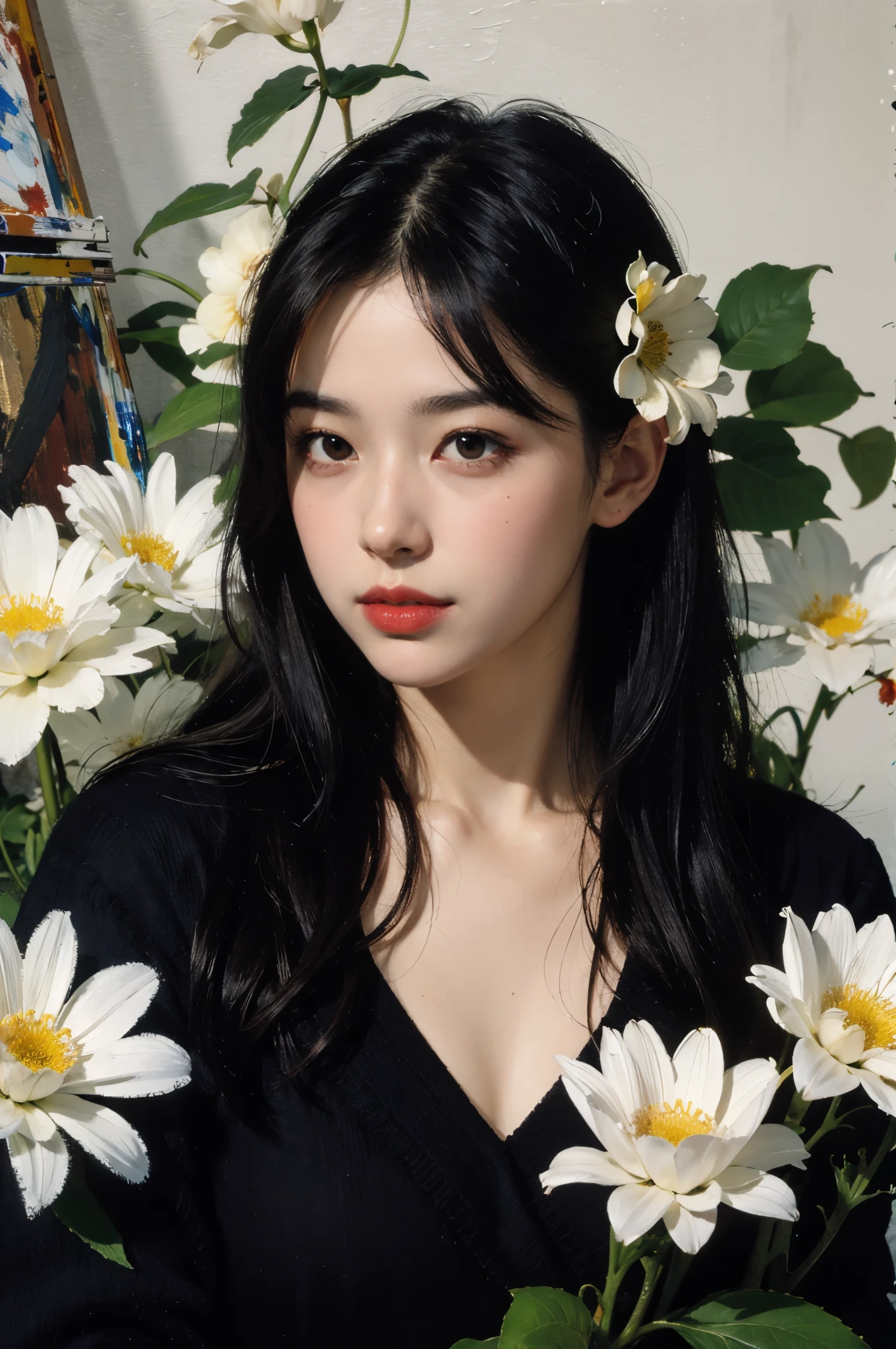  (painting:1.5),
\\
One with black hair、Woman with white flowers in her hair lies in a field of white flowers, (Amy Saul:0.248), (Liu Stanley:0.106), (a detailed painting:0.353), (gothic art:0.106)