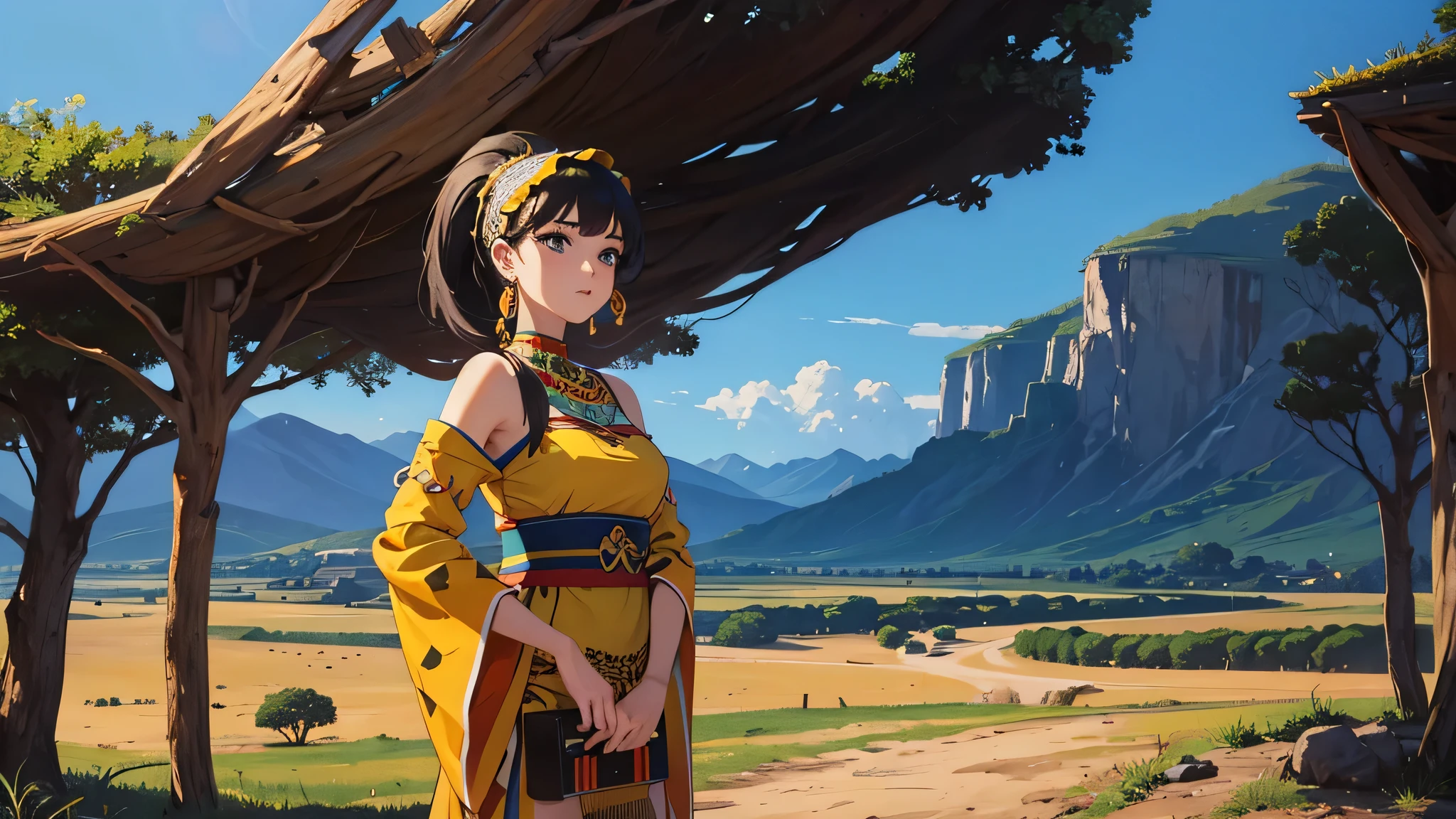 8k, masterpiece, hi-resolution, best quality, hi-res, Top Quality, High Quality, High Resolution, woman, native dress, savanna, SFW, africa