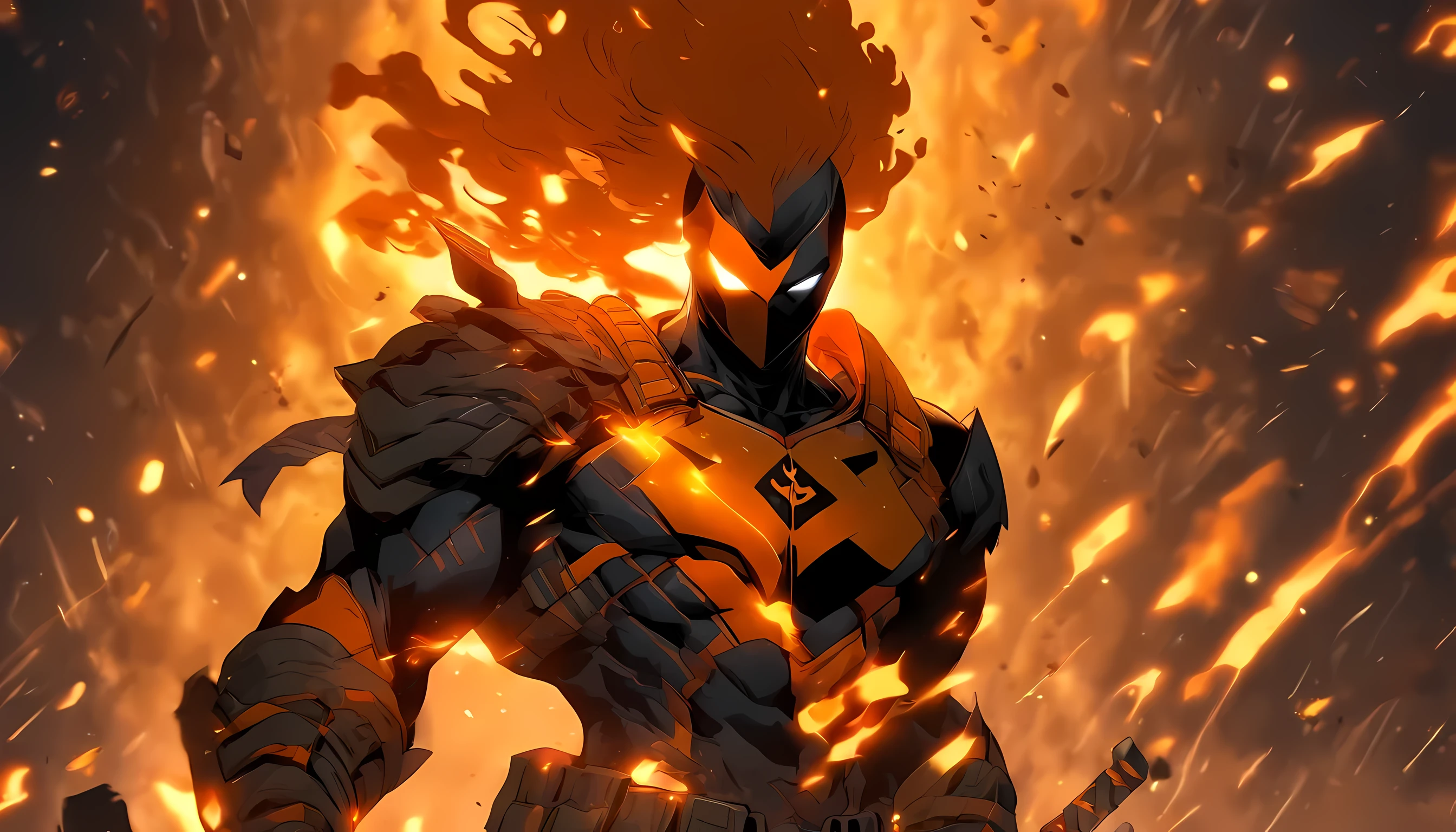 deathstroke from dc comic, holding a sword on his right hand, flame coming out from his sword, standing pose, full body illustration, lighting swirling around his body, 