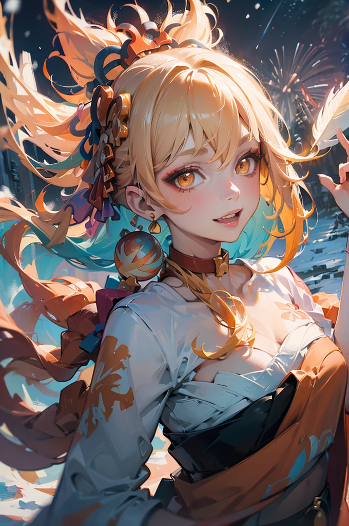 masterpiece, best quality, 1 girl, Smile, Golden and orange swirling swirls of colorful cloudy smoke and colorful background, (snow) (( Swirl swirl colorful hair)), Wear a white fur coat, ((long hair)), ((The right)), Emotional face, close up, studio light, studio, (((MakeupPortrait, pink eyeshadow))), ((Lots of gold and orange swirls on the face，Colorful snow and feathers))