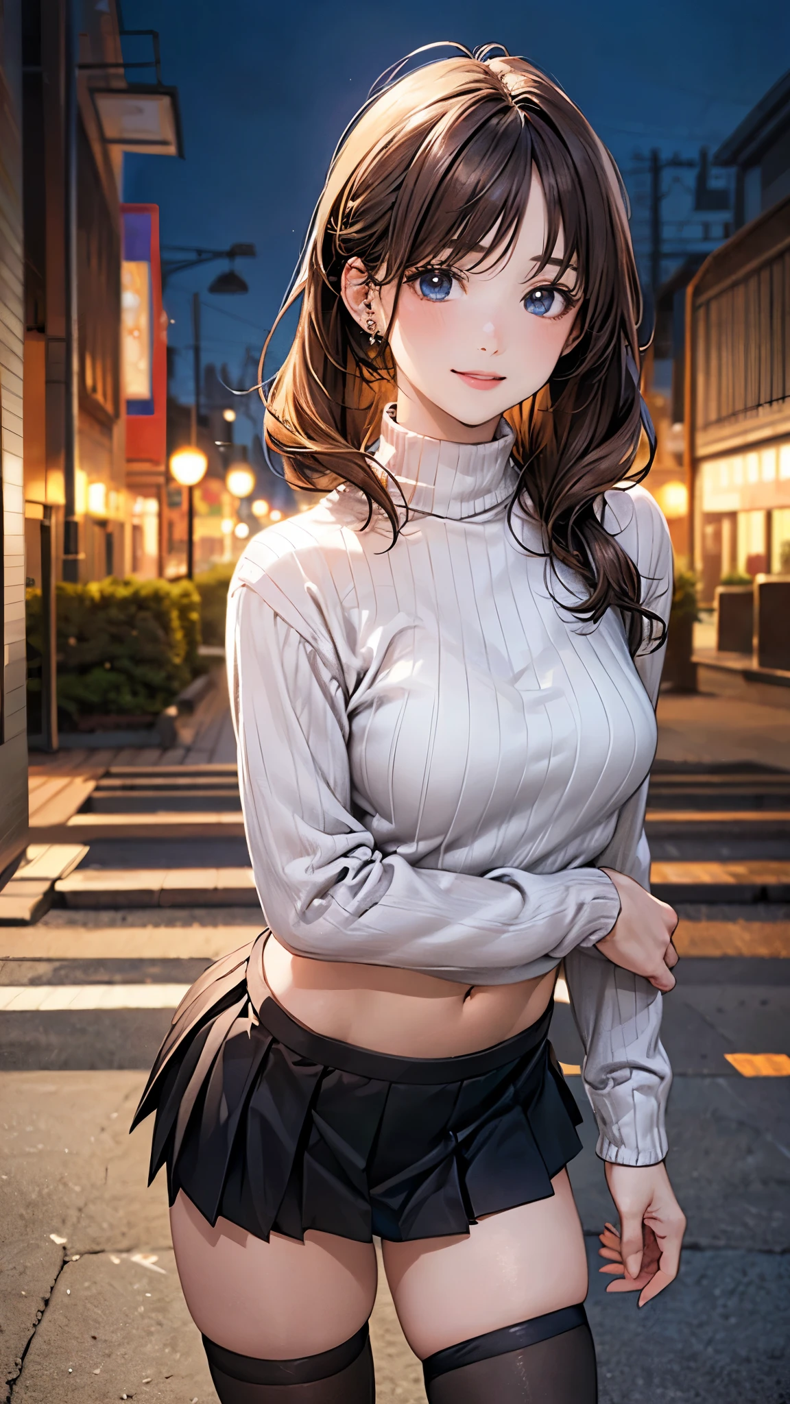 (masterpiece:1.2, top-quality), (realistic, photorealistic:1.4), beautiful illustration, (natural side lighting, movie lighting),
looking at viewer, fullbody, 1 girl, japanese, high school girl, perfect face, cute and symmetrical face, shiny skin, babyface,
(middle hair, high ponytail:1.2, light brown hair), braided bangs, asymmetrical bangs, blue eyes, (middle breasts, seductive thighs, big ass), piercings,
beautiful hair, beautiful face, beautiful detailed eyes, beautiful clavicle, beautiful body, beautiful chest, beautiful thigh, beautiful legs, beautiful fingers,
((midriff, long sleeve, merlot turtleneck sweater, black enamel pleated mini skirt, black thigh-highs)), light blue stripe panty,
(beautiful scenery), evening, modern, cityscape, standing, (lovely smile, upper eyes),