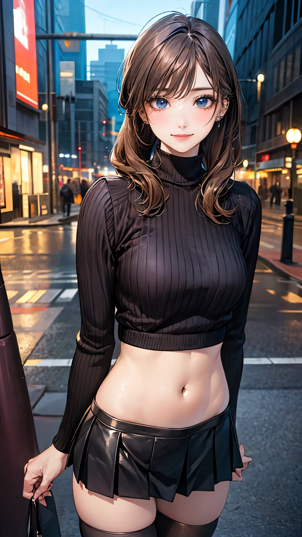 (masterpiece:1.2, top-quality), (realistic, photorealistic:1.4), beautiful illustration, (natural side lighting, movie lighting),
looking at viewer, fullbody, 1 girl, japanese, high school girl, perfect face, cute and symmetrical face, shiny skin, babyface,
(middle hair, high ponytail:1.2, light brown hair), braided bangs, asymmetrical bangs, blue eyes, (middle breasts, seductive thighs, big ass), piercings,
beautiful hair, beautiful face, beautiful detailed eyes, beautiful clavicle, beautiful body, beautiful chest, beautiful thigh, beautiful legs, beautiful fingers,
((midriff, long sleeve, merlot turtleneck sweater, black leather pleated miniskirt, black thigh-highs)), light blue stripe panty,
(beautiful scenery), evening, modern, cityscape, standing, (lovely smile, upper eyes),
