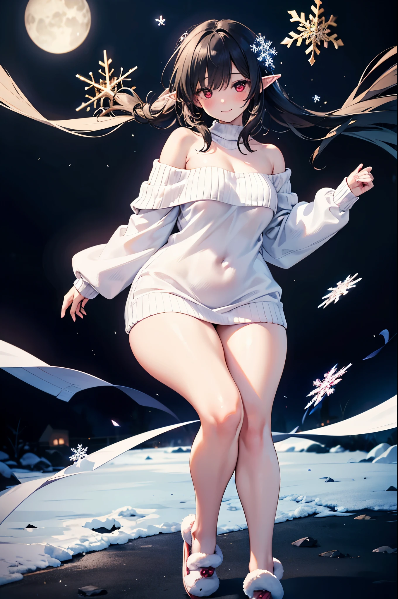 realistic image, coherent image, detailed image, 1 beautiful elf, She has black hair, pulled back, red eyes, her face is oval and delicate, Blushing, smiling, She is wearing a long off-shoulder sweater, slippers moccasins, She has a curvy body, small breasts, thick thighs, sexy pose, snowflakes, black background,