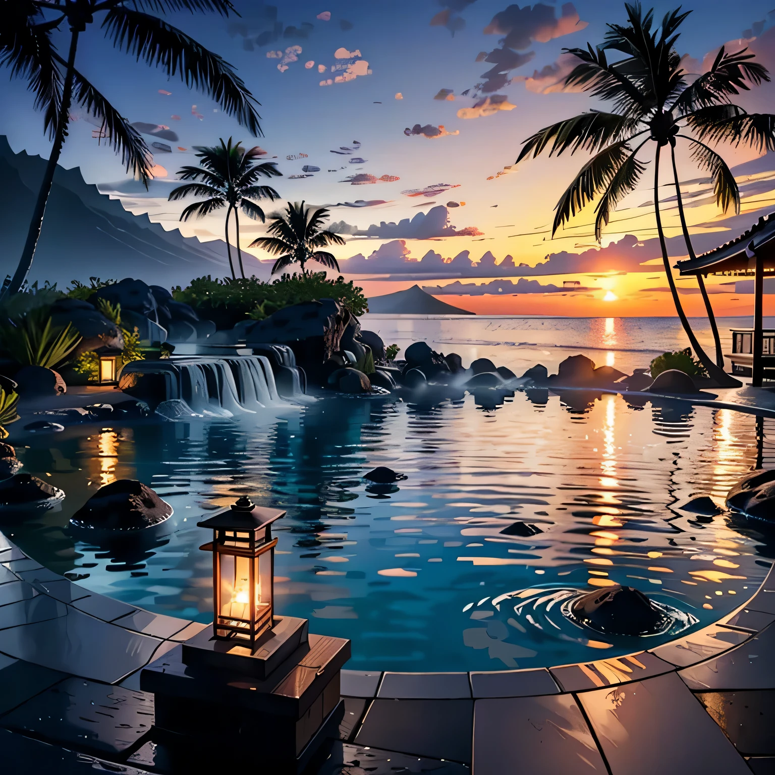 ((Ultra-realistic 4K photos)),((Palm tree)),((hawaii sunset view)), ((big torch in the garden)), Sea at dusk, Southern sea plants around the hot spring pool, Photographed with a 4K high-resolution camera, An open wooden Japanese-style building with steam in the air, On the edge of a cliff. open-air bath, ophthalmology, Hawaiian ocean, 温泉open-air bath.
