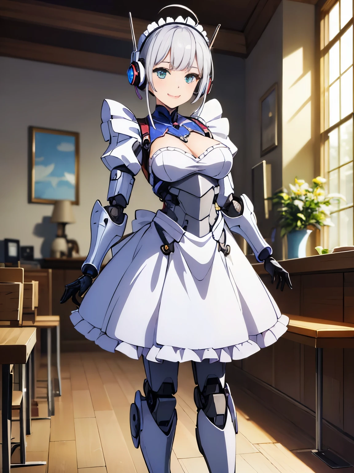 (((1 woman:1.8)))、(((full body description)))、(((Standing depiction)))、(((9th class)))、Beautiful woman in moe pose in futuristic white shiny heavy armored robot suit、perfect android girl, gynoid cyborg body, perfect anime cyborg woman, beautiful female android!, female robot, fully robotized!! girl, Cute cyborg girl, cyber suit, メカサイバーアーマーを着たgirl, cyber suit, beutiful white girl cyborg, beautiful female android, Beautiful girl cyborg、Cute robot woman with white silver short bob hair、Gravure Model Android Beautiful Girl、(bright smile:1.3)、(((Headphones with long sensor antennas in both ears)))、(robot girl)、(((美しいgirlアンドロイド)))、(((重装甲メイド服を着たgirl)))、(((White heavy armored robot girl in maid clothes)))、(((White heavy armored robot beautiful girl in miniskirt and maid clothes)))、(((Beautiful girl in white heavy armored maid robot)))、(((Cyborg Maid Beautiful Girl)))、(((Robot beautiful girl wearing white shiny heavy armored maid clothes)))、(((waitress)))、(((Carry meals:1.3))) ,Proper body proportions,table top,Super high quality output image,High resolution,intricate details,very delicate and beautiful hair,(Photoreal:1.3)realistic pictures,dream-like,professional lighting,realistic shadow,focus only,well-groomed face,Big eyes,beautiful hands,beautiful fingers,Detailed functions of fingers,Detailed clothing characteristics,Detailed characteristics of hair,detailed facial features,