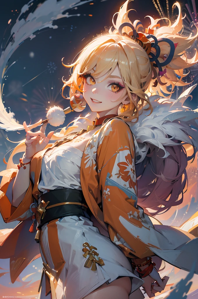 masterpiece, best quality, 1 girl, Smile, Golden and orange swirling swirls of colorful cloudy smoke and colorful background, (snow) (( Swirl swirl colorful hair)), Wear a white fur coat, ((long hair)), ((The right)), Emotional face, close up, studio light, studio, (((MakeupPortrait, pink eyeshadow))), ((Lots of gold and orange swirls on the face，Colorful snow and feathers))