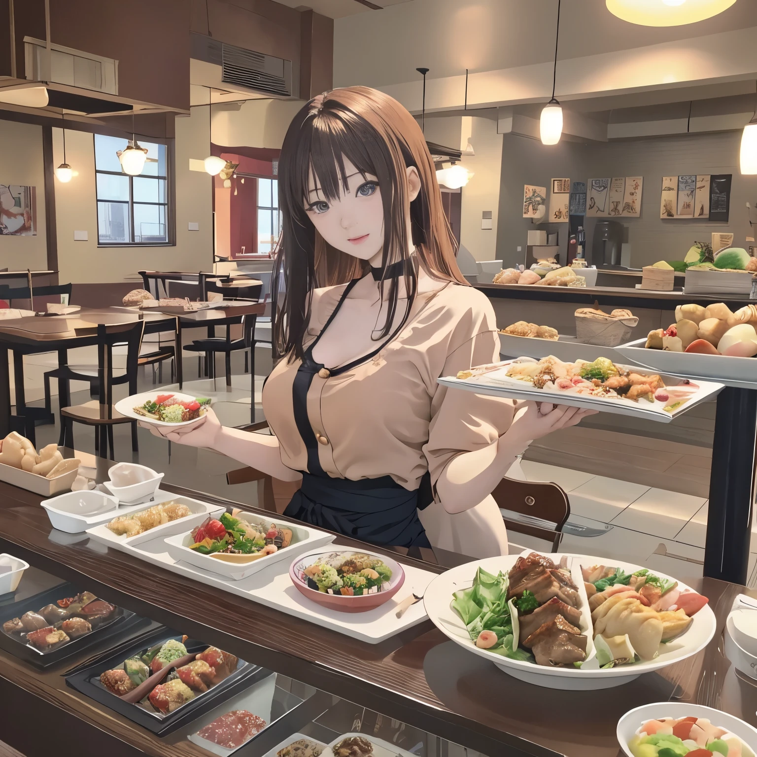 最高masterpiece、realistic anime images、masterpiece、1 girl、23 years old、(standing position、looks fun、put food on a tray)、(Western buffet style restaurant、Lots of food on the table)