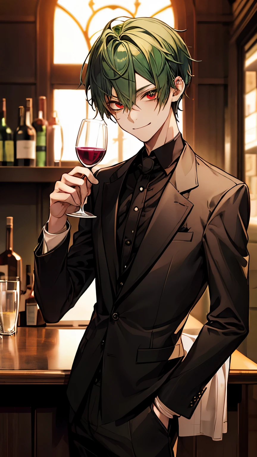 Green hair and eyes, boy, ager, red eyes, deceiving smile, mysterious, bar, suit, cool, detailed, holding a glass of wine