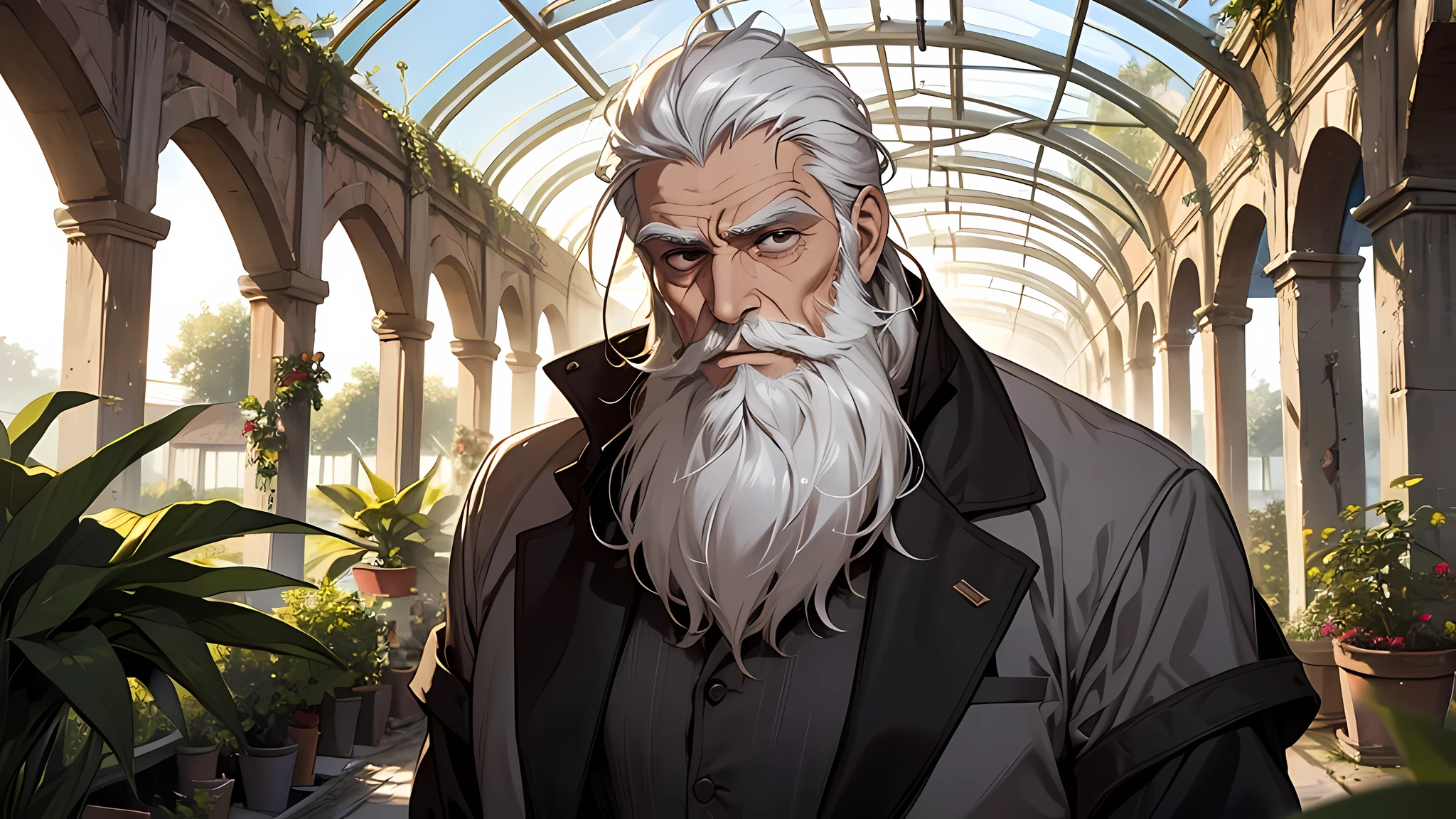 seryously italian old man in a rovine romane, in a greenhouse, white hair with beard, royal minister, serious face, detailed face