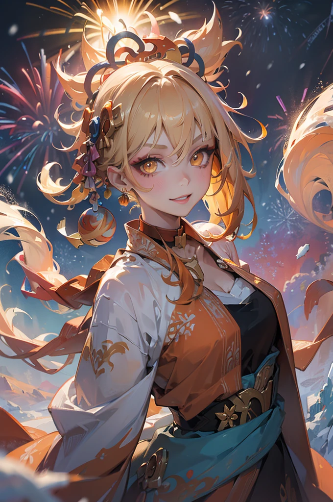 masterpiece, best quality, 1 girl, Smile, Golden and orange swirling swirls of colorful cloudy smoke and colorful background, (snow) (( Swirl swirl colorful hair)), Wear a white fur coat, ((long hair)), ((The right)), Emotional face, close up, studio light, studio, (((MakeupPortrait, pink eyeshadow))), ((Lots of gold and orange swirls on the face，Colorful snow and feathers))
