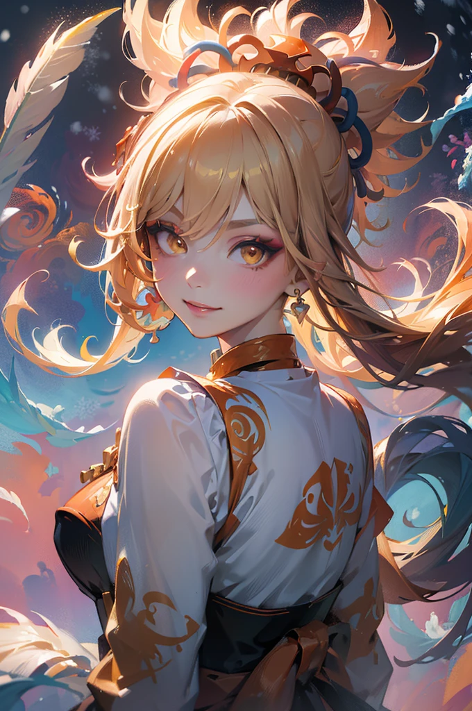 masterpiece, best quality, 1 girl, Smile, Golden and orange swirling swirls of colorful cloudy smoke and colorful background, (snow) (( Swirl swirl colorful hair)), Wear a white fur coat, ((long hair)), ((The right)), Emotional face, close up, studio light, studio, (((MakeupPortrait, pink eyeshadow))), ((Lots of gold and orange swirls on the face，Colorful snow and feathers))