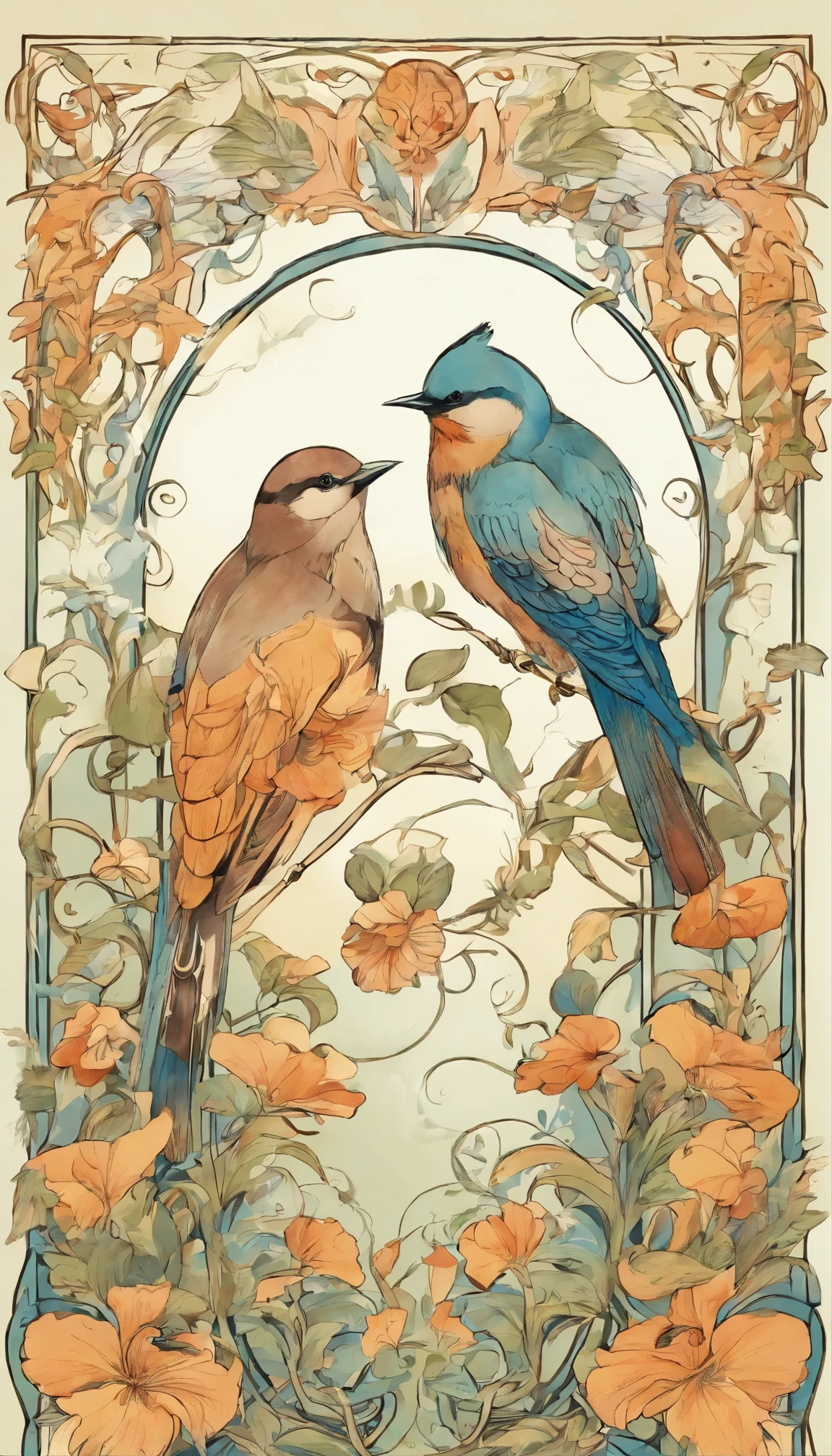 Flowers and Birds, art nouveau, sketch, watercolor