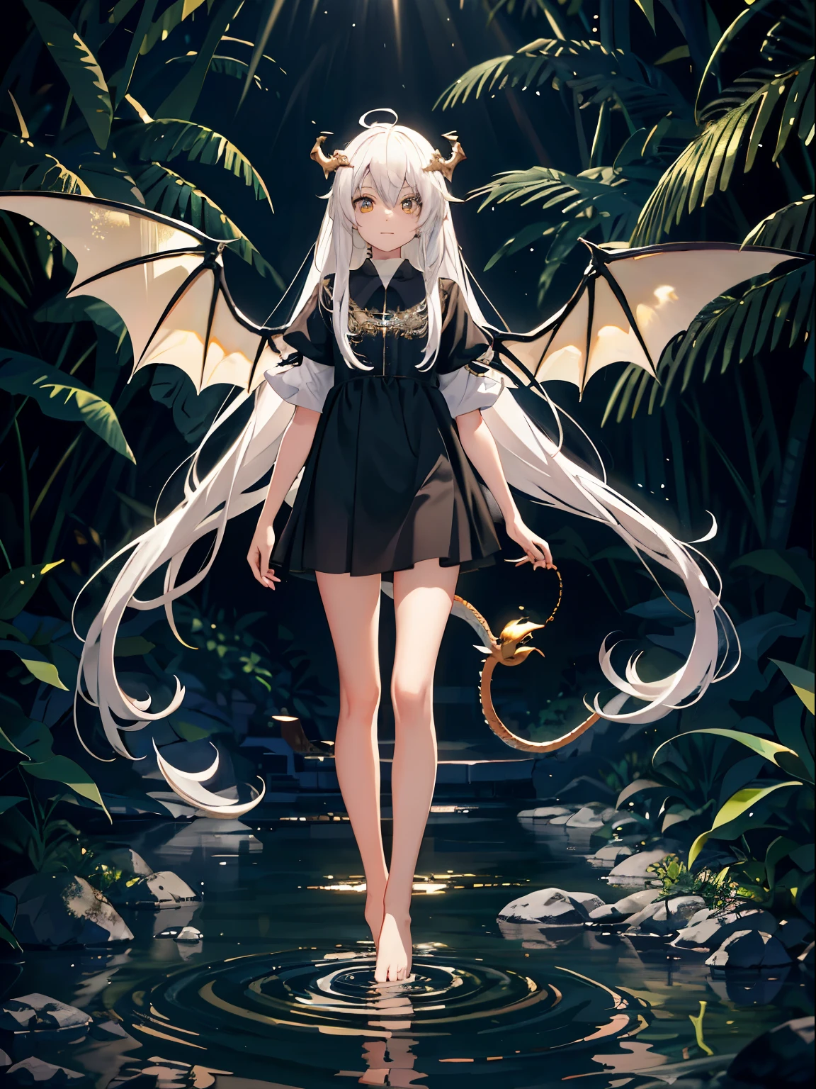 white hair ,Q version,(toddler,baby), charming, stand, Master masterpieces, high resolution,8k,Detailed background,high quality,(((solo))),(A pair of beautiful dragon wings,Dragon's Horn,dragon tail,One barefoot:0.6),looking at the audience,First-person perspective,dreamlike,magic,water,(Warm light source:1.2),Ray tracing,Cinema lighting,watercourse,Deep in the jungle,a happy expression,(((dark,linear ray))),Exquisite beautiful golden eyes,flowing long hair.front Photo.Symmetrical character.