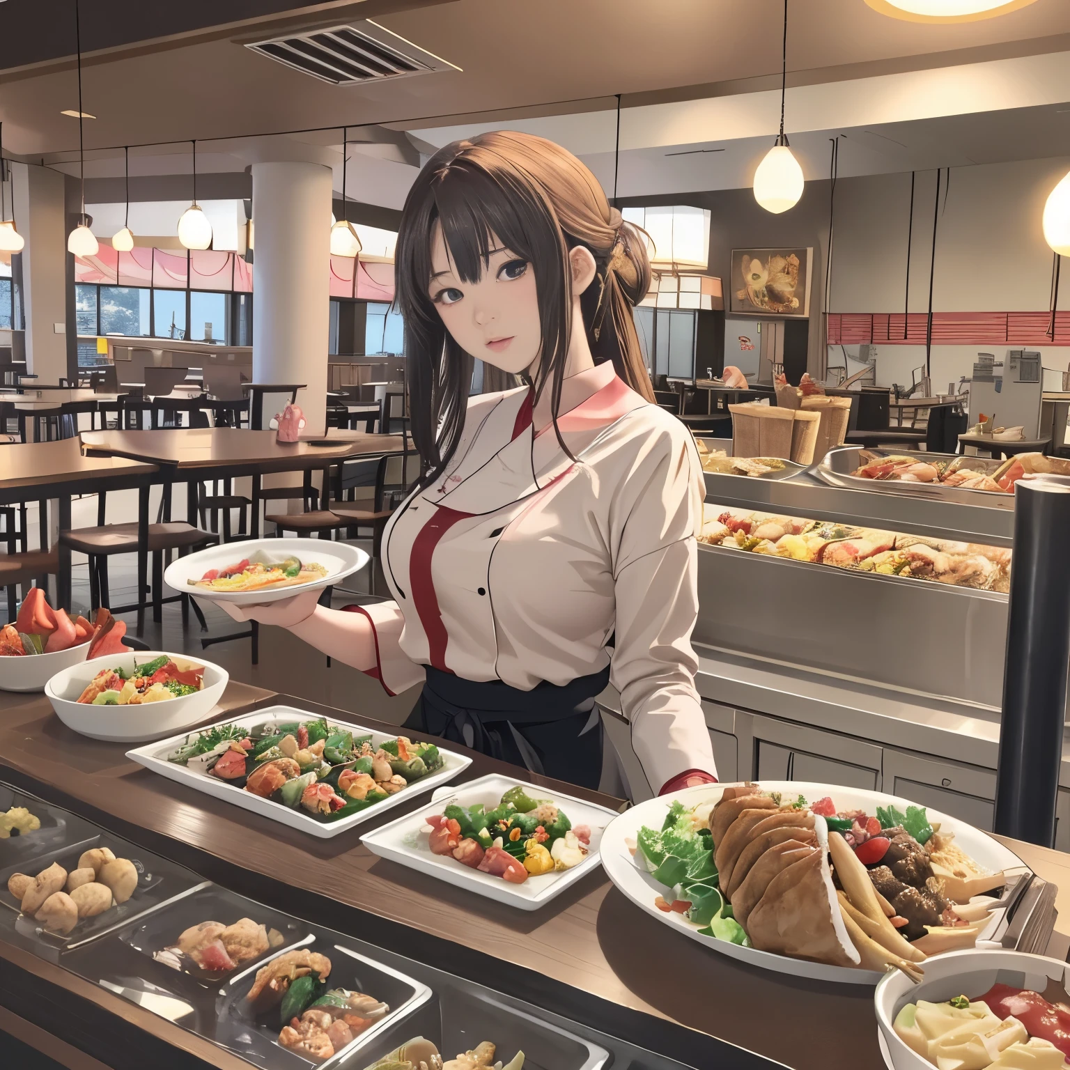 最高masterpiece、realistic anime images、masterpiece、1 girl、23 years old、(standing position、looks fun、put food on a tray)、(Western buffet style restaurant、Lots of food on the table)