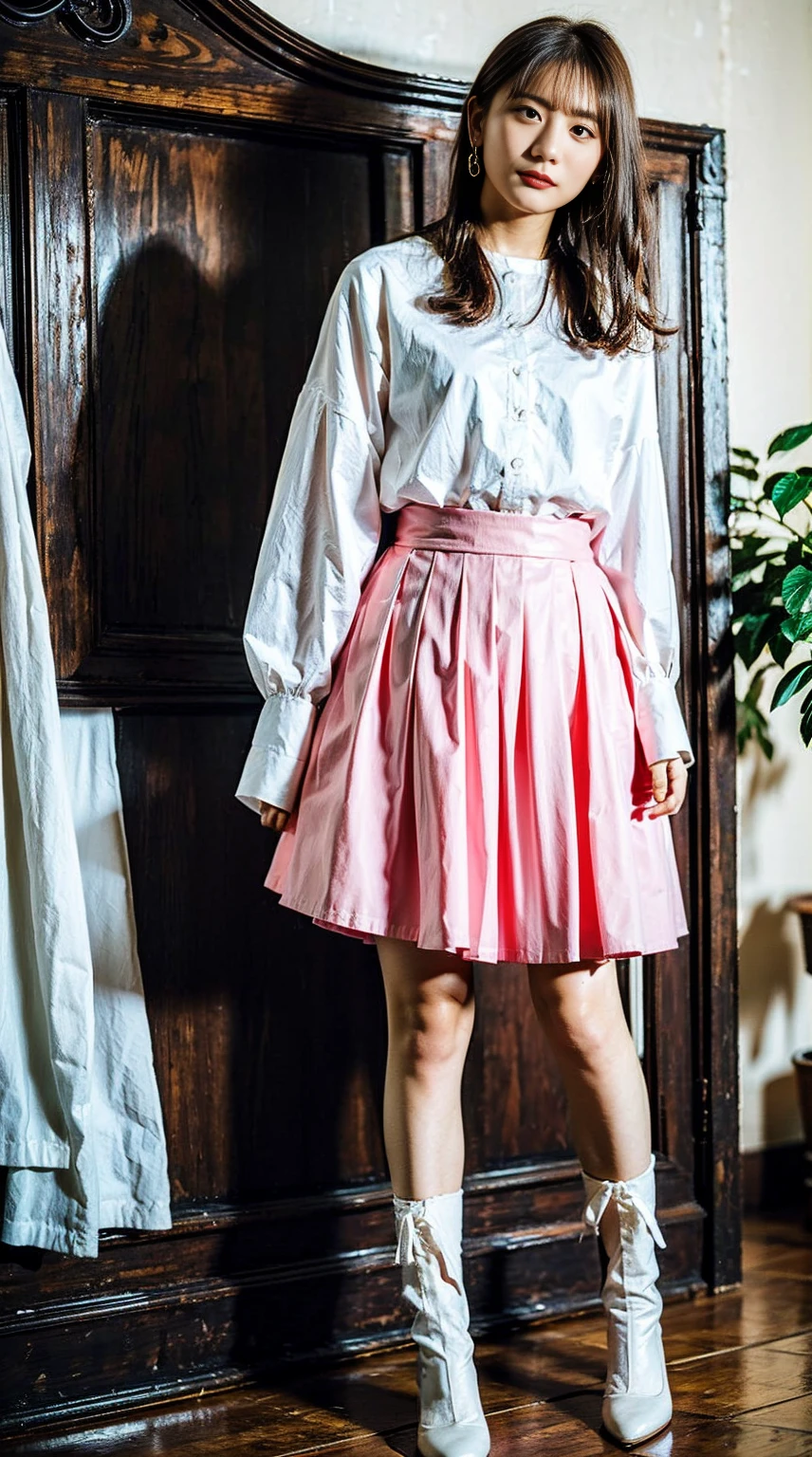 masterpiece, great work, whole body, 1 girl,  mini skirt, blush, bracelet, beautiful breasts, , gradient hair, long hair, looking at the audience, loose earrings, checked skirt, red eyes, ring, smile, alone,  fashion, woman, vitality,  take a pose, front, colorful,concentrated、whole body画像(1:5）、thin legs、Are standing、put your hands on your hips、idol costume、boots、whole body画像、Chest emphasis、pink costume、stand with legs apart
