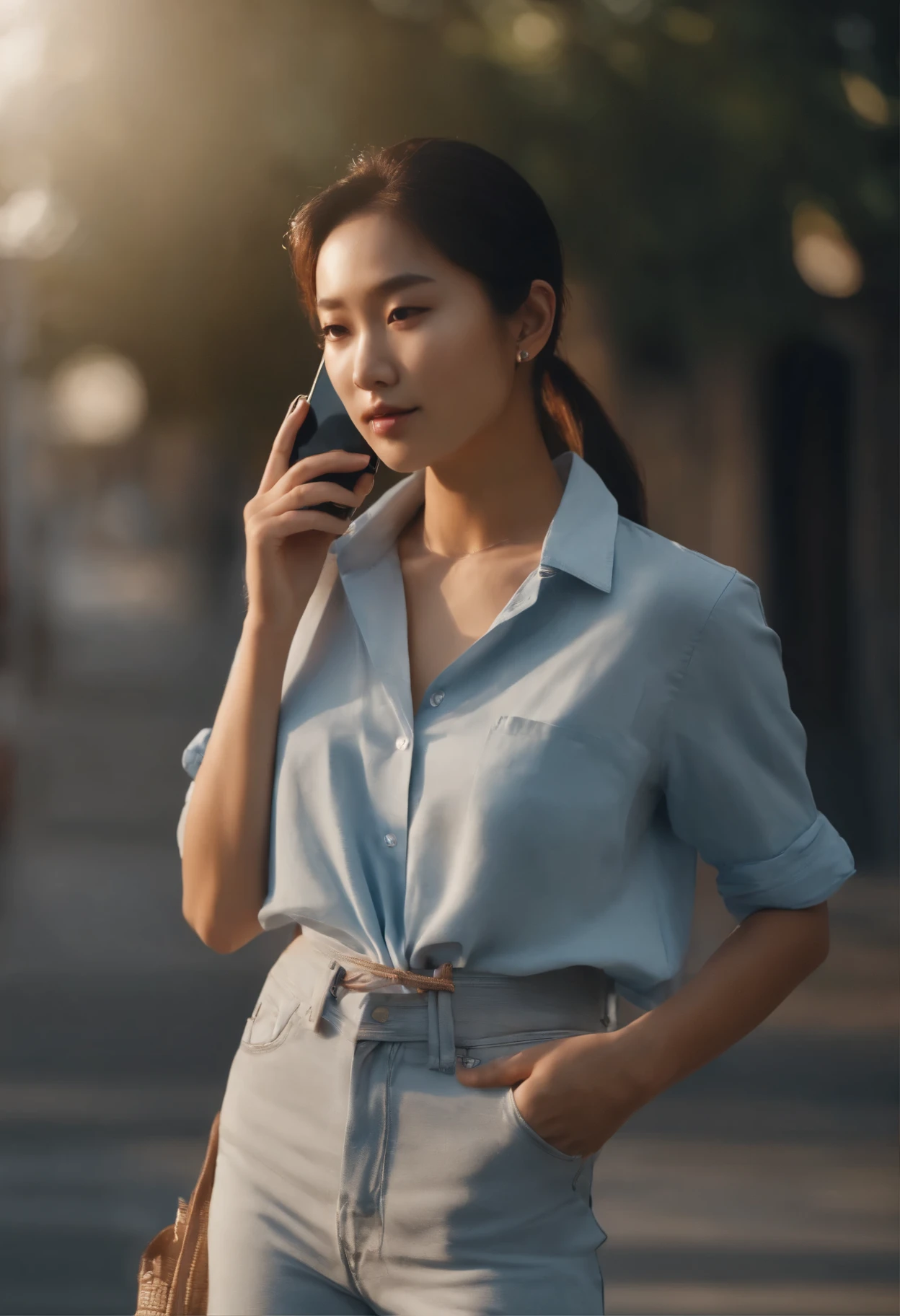 FHD,1080P,8K,high resolution,high detail,a Asian girl,back view, dressed in a light blue short-sleeved shirt, light blue straight-leg jeans, with a light blue and white printed handkerchief tied in a ponytail, The phone is inserted in the back pocket, Walking on the sidewalk outside the factory fence, full of sunlight,rays of shimmering light/ morning light,the low-purity tone,tight shot,photoreal,realistic,photography,