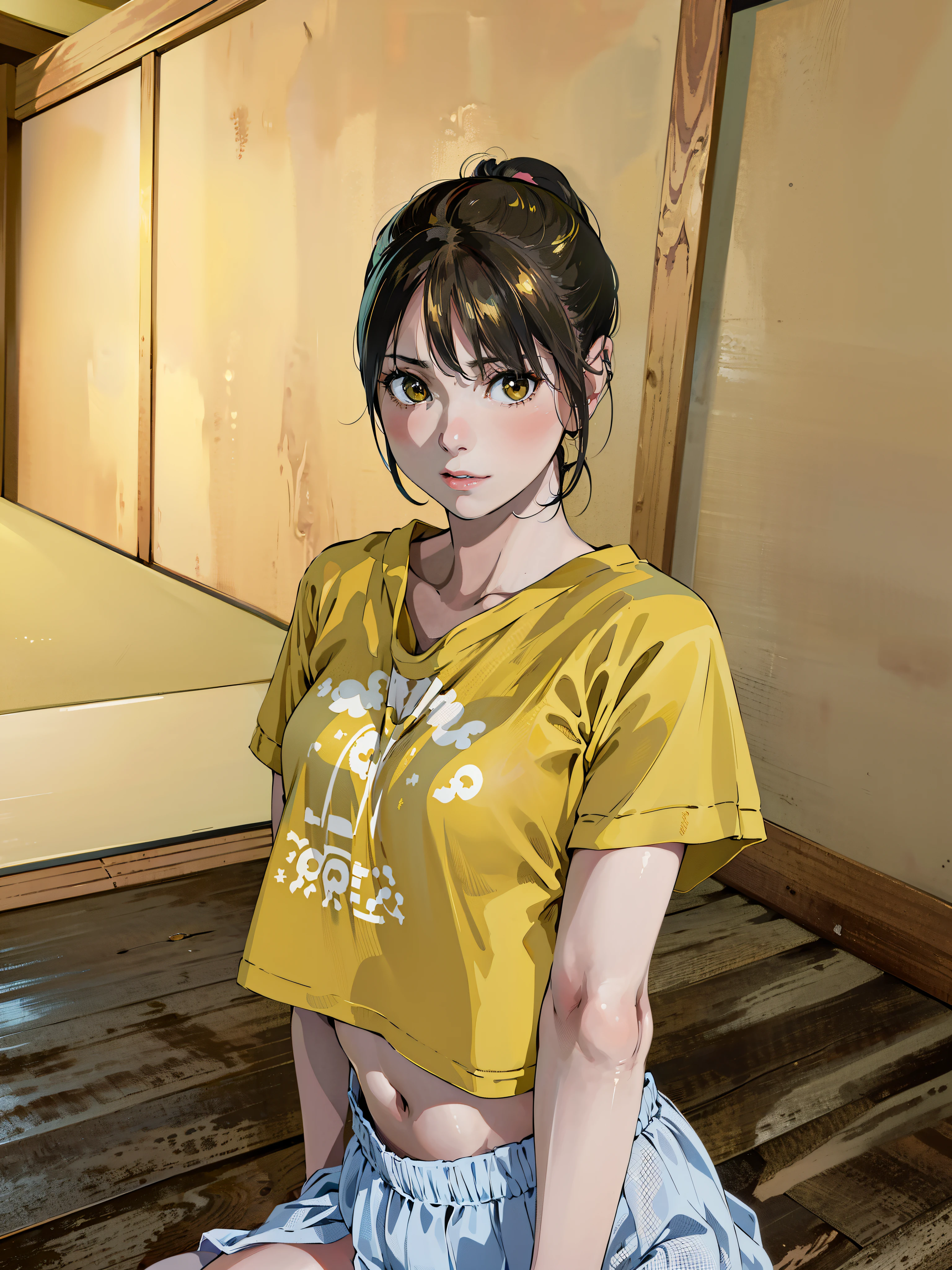 there is a woman sitting on the floor in a room, V-chest open clothes, wearing yellow croptop, wearing wheat yellow gauze, wearing a torn crop t-shirt, Young and cute gravure idol, Yoshitomo Nara, Aya Takano color style, Young skinny gravure idol, Genuine young gravure idol, yellow, pretty girl