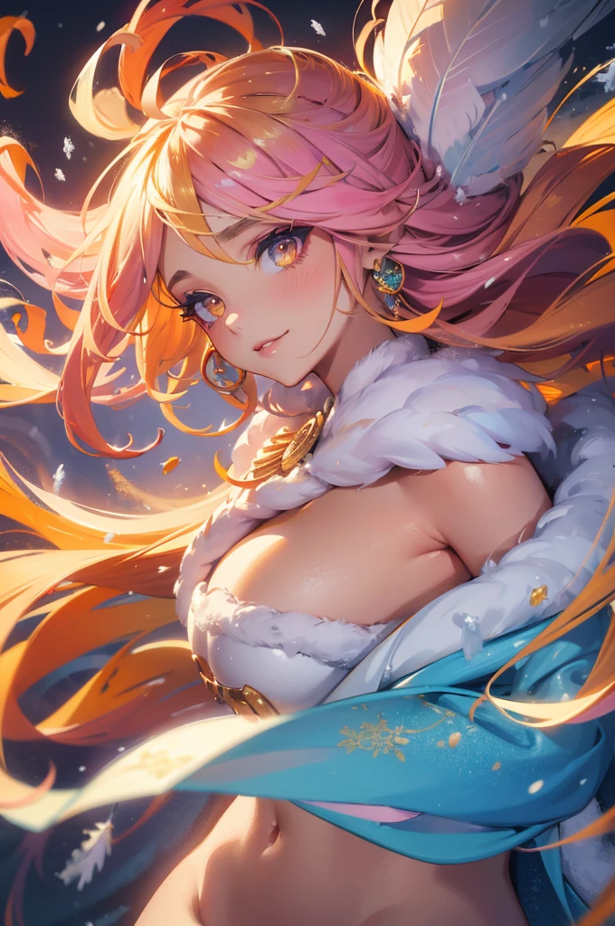 masterpiece, best quality, 1 girl, Smile, Golden and orange swirling swirls of colorful cloudy smoke and colorful background, (snow) (( Swirl swirl colorful hair)), Wear a white fur coat, ((long hair)), ((The right)), Emotional face, close up, studio light, studio, (((MakeupPortrait, pink eyeshadow))), ((Lots of gold and orange swirls on the face，Colorful snow and feathers)) big breast

