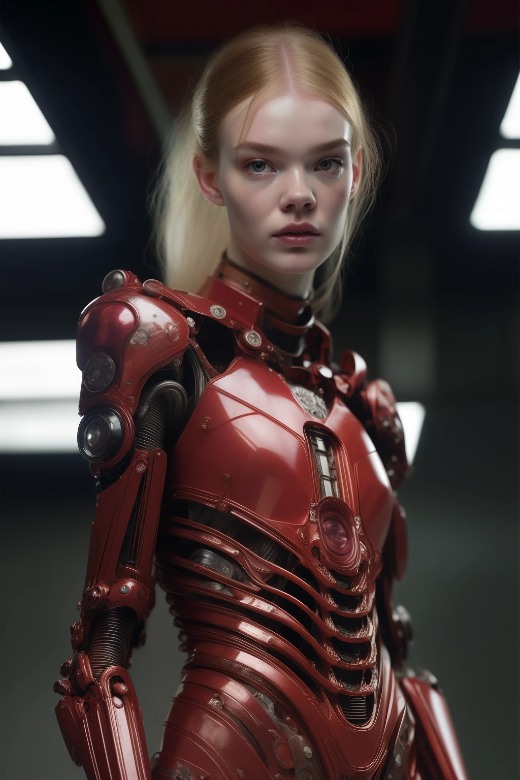 organic cyborg, red plastic, fuzzy lighting, fancy, intrincado, elegante, muy detallado, natural, fotorrealista, Pintura Digital, art station, illustration, arte conceptual, liso, Sharp focus, arte de John Collier y Albert Aublet y Krenz Cushart y Artem Demura elle fanning face