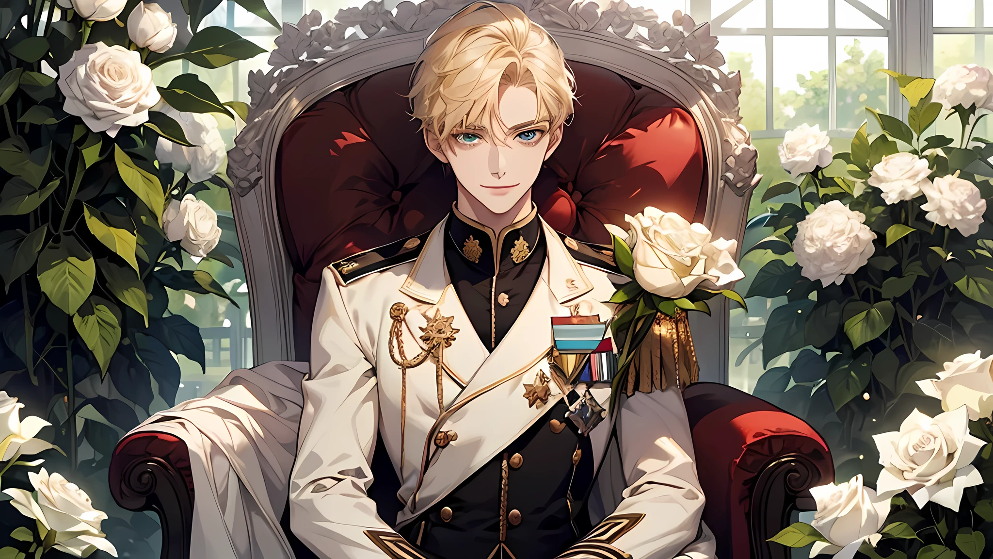 handsome young prince, short blonde hair with white strands, Green eyes, white officer's uniform, smile, holding white rose, Crystal Rose, Masterpiece, hiquality, detailed face, in a greenhouse, sitting in a chair