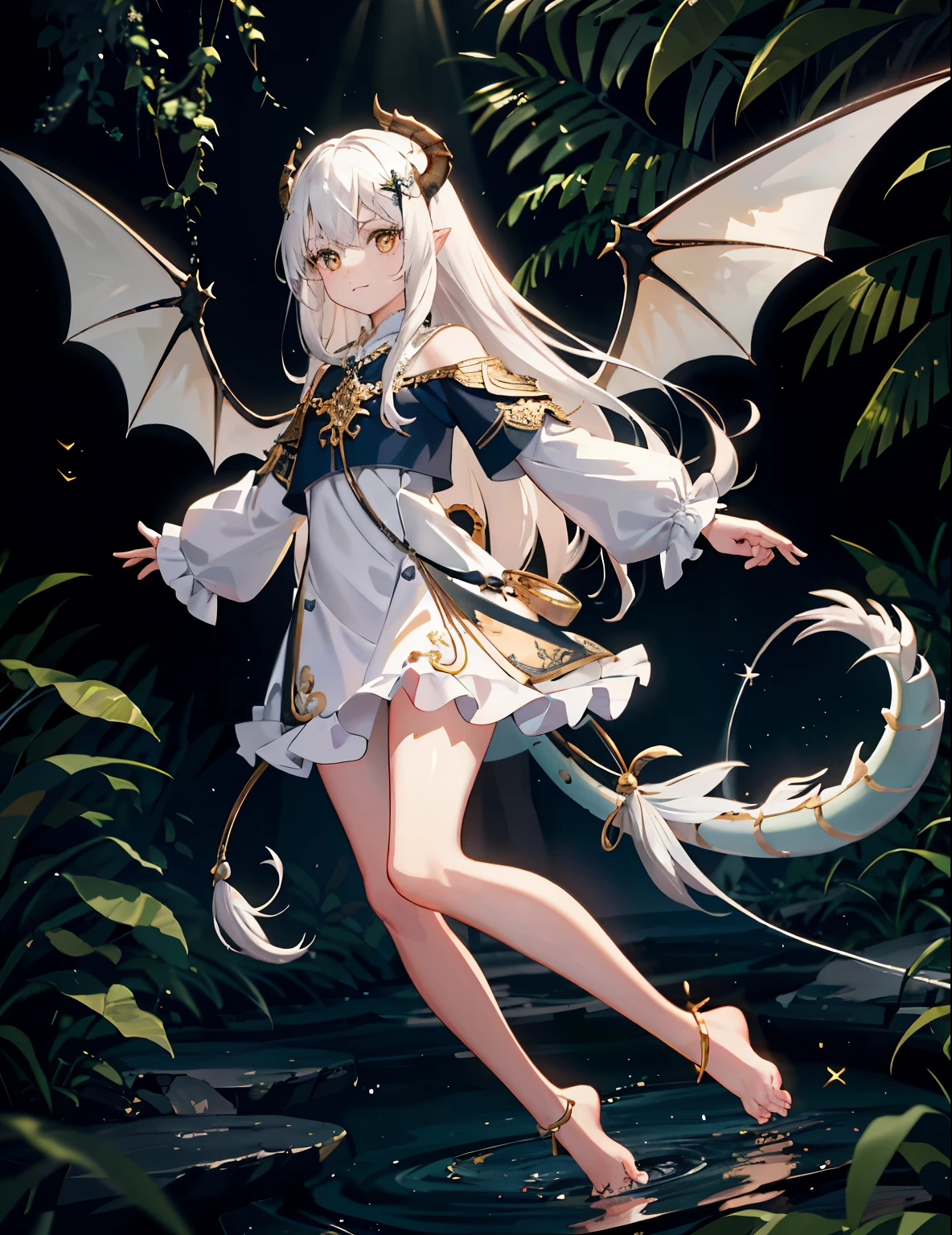 ((4k、8k、top-quality、perfect fingers: 1.3、perfect anatomia: 1.3、Background blur))、1人、((sixteen years old、small tits、Cute eyes、stright long hair、a beautiful slender girl))、 (Dragon wings、Dragon horns、armor、frilld、long-sleeve、knight leotard、Beautiful decorative headband)：1.1、((Full-body angle))、in a quiet forest、Shy laughter、