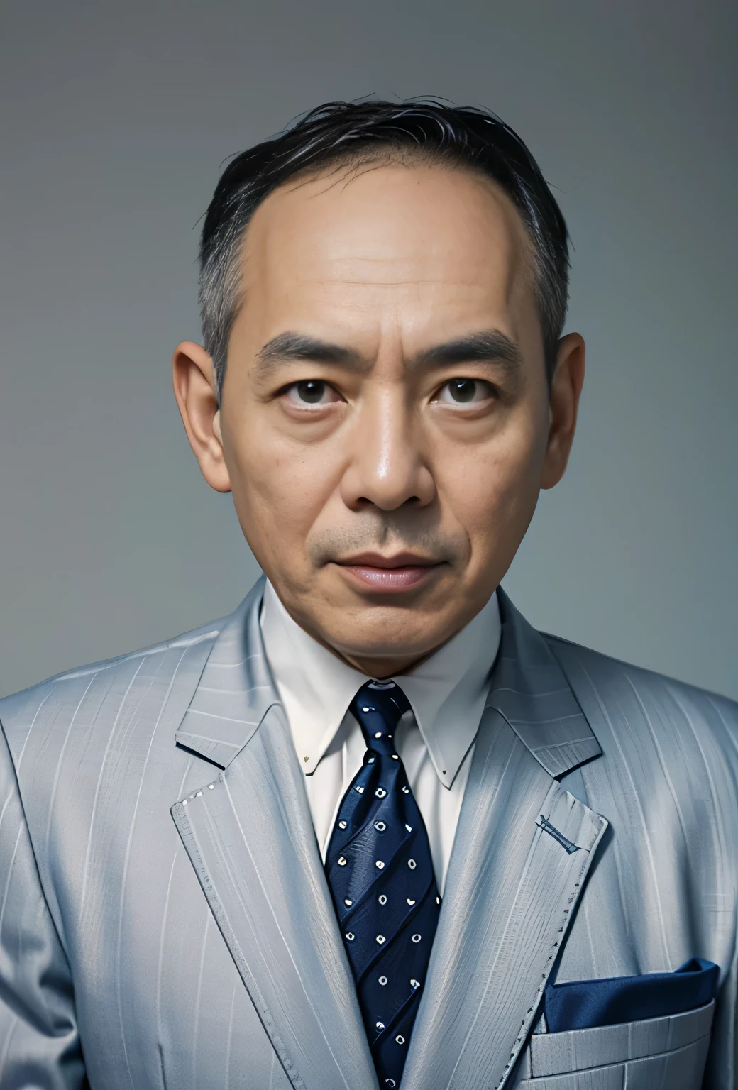 Highly realistic photo, ((masterpiece), (best quality), (raw photo), (photorealistic:1.4), Portrait of Vietnamese old man, 65 years old, ((black hair)) bald hair, ((wearing a gray suit)) , ((light blue background)) , photo taken by Sony A7IV