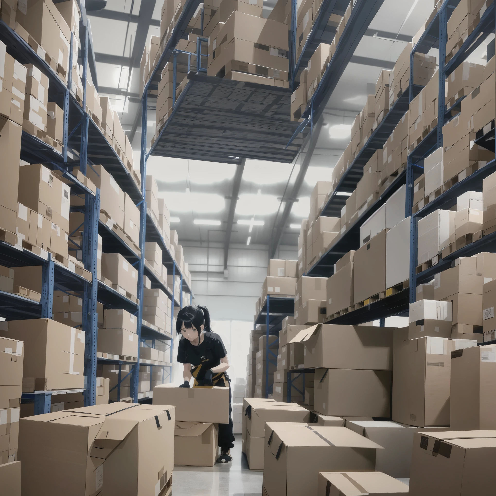 8K , Complex, Super fine,very detailed, majestic, digital photography, Composition looking up as if taken from the floor、super super long shot,A huge distribution warehouse that looks like a very dark temple。There are piles of cardboard boxes taller than a person.、looks like a huge building。