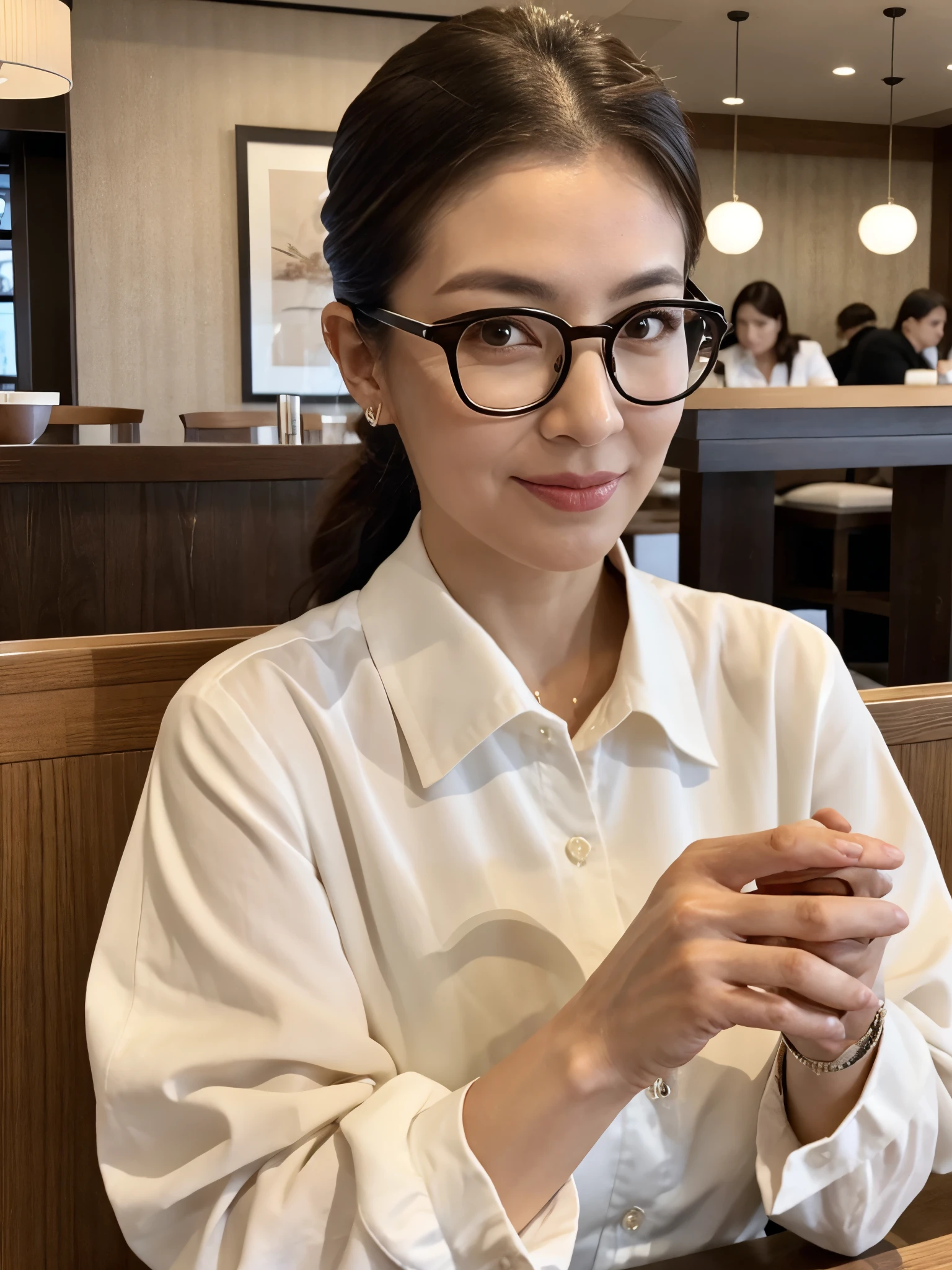 masterpiece, best quality, photorealistic, (portrait), a beatiful woman, high ponytail, white shirt, (glasses), sitting at a table in a luxurious cafe with coffee, looking at viewer, perfect hands, (perfect fingers), detailed faces, beautidful eyes
