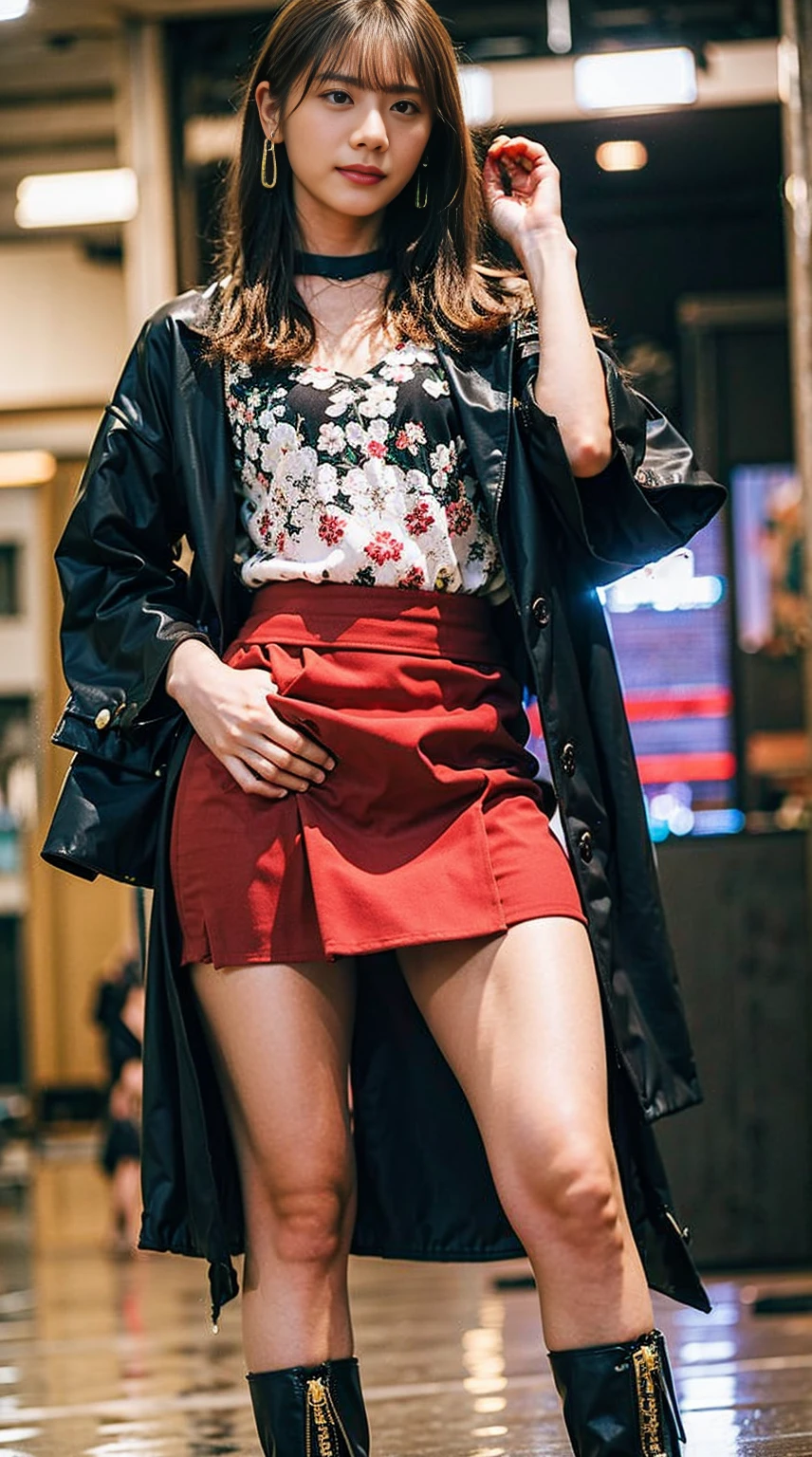 masterpiece, great work, whole body, 1 girl,  mini skirt, blush, bracelet, beautiful breasts, , gradient hair, long hair, looking at the audience, loose earrings, checked skirt, red eyes, ring, smile, alone,  fashion, woman, vitality,  take a pose, front, colorful,concentrated、whole body画像(1:5）、thin legs、Are standing、put your hands on your hips、idol costume、boots、whole body画像、Chest emphasis、pink costume、stand with legs apart