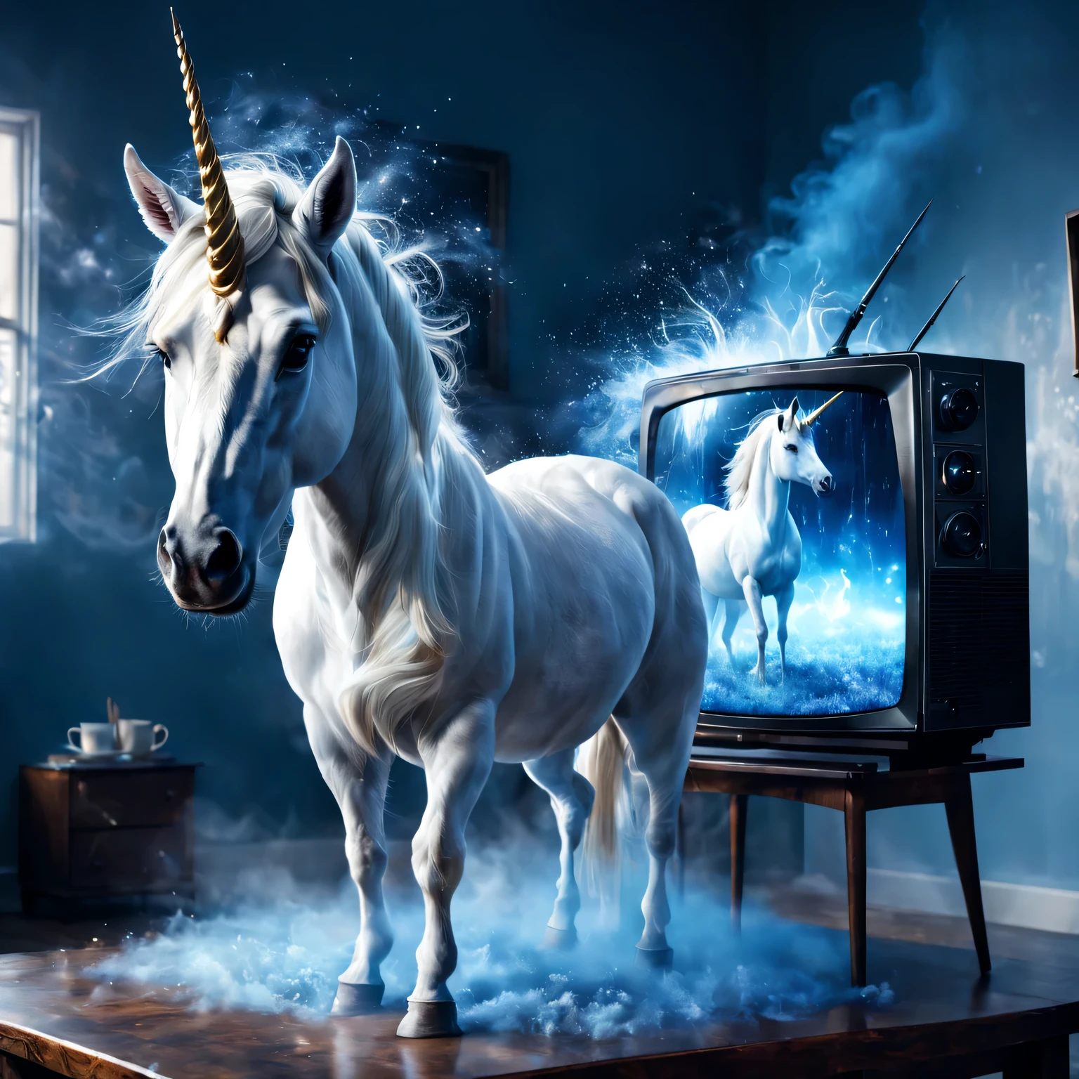 Double exposure photo, showing a TV and a unicorn coming out of it., TV on the table, a beautiful white unicorn with its details and clear textures comes out of the TV and spreads a magical blue mist and blue magic sparks around, outline of the fairy world of a unicorn, the texture of the skin and fur is visible in the magical blue mist. The unicorn is clearly shown., pay attention to the unicorn's emotions and expressive eyes, unicorn looks at viewer, great depth of field, a high resolution, Extremely realistic, extremely detailed, cinematic treatment, HDR, photorealistic, the masterpiece, (double exposure:1,3)