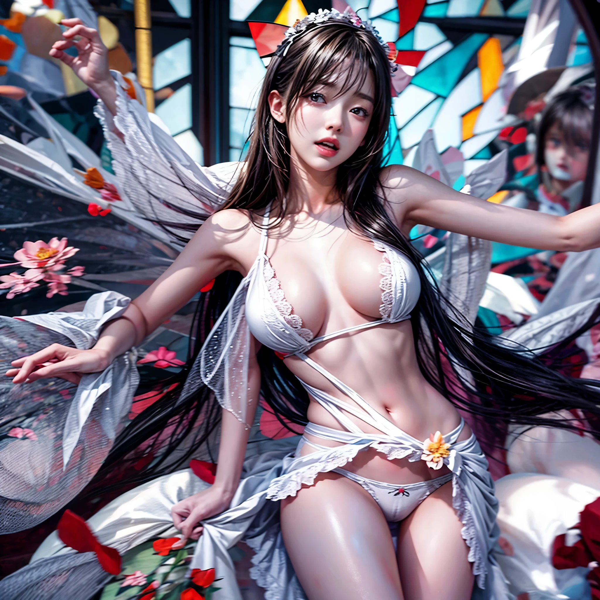 (sfw, White and Red, Acutance:0.8), Masterpiece, (Ultra-Realistic and photorealistic:1.37)) with touch of rawness). A group of KAWAII girls in opened without bra . (extremely detailed KAWAII face variations, joyful expression variations), { Navel | pretty Ass | Overflowing underboob | (White panties) with blood only in crotch area | (full of Flowers covering girl's body) | (Dazzling colorful stained glass with delicate details:1.2) } . (Exposed:1.2), ((nipple:-0.9)), (not Detailed fingers:-0.9) .