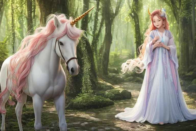 异想天开的魔法森林中一位容光焕发的girl的迷人全身照, Tenderly caressing a majestic unicorn with iridescent horns, Bathed in the ethereal moonlight. girl, Wearing a flowing gown in pastel tones, A gentle smile appears on the angelic face. Her long, Auburn wavy hair hanging down her back, Integrate with lush green trees. unicorn, With radiant mane and tail, 充满信任和爱意地专注地看着girl, Embodying the magic and wonder of the fantasy realm. on site, Described in --ar 