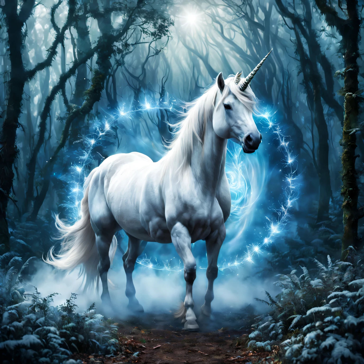 A photographic image with double exposure, which depicts a magical foggy portal and a unicorn emerging from it, magic portal in the forest thicket, a beautiful white unicorn with its details and clear textures comes out of a magical portal and spreads magical blue mist and blue magical sparks around, the outlines of the fairy-tale world of a unicorn are visible in the magical blue fog, The texture of the unicorn&#39;s skin and fur is clearly shown, pay attention to the emotions and expressive eyes of the unicorn, unicorn looks at viewer, great depth of field, a high resolution, Extremely realistic, extremely detailed, cinematic treatment, HDR, photorealistic, the masterpiece, (double exposure:1,3)