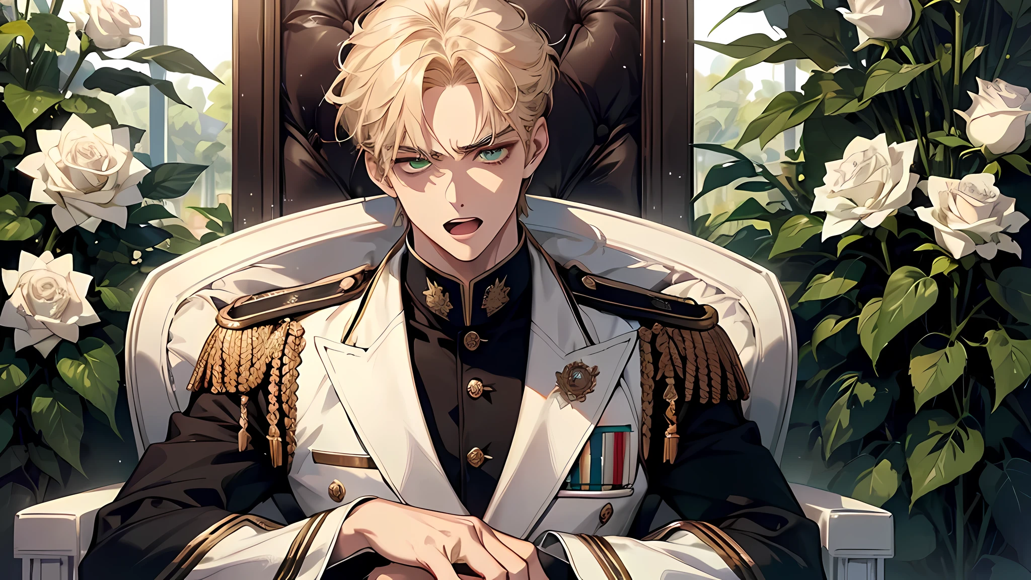 handsome young prince, short blonde hair with white strands, Green eyes, white officer's uniform, white rose, Crystal Rose, Masterpiece, hiquality, detailed face, in a greenhouse, sitting in a chair, angry face, screaming, open mouth, upset face