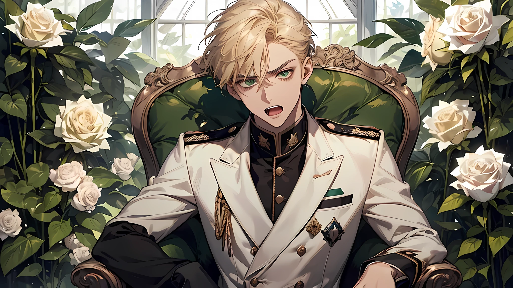 handsome young prince, short blonde hair with white strands, Green eyes, white officer's uniform, white rose, Crystal Rose, Masterpiece, hiquality, detailed face, in a greenhouse, sitting in a chair, angry face, screaming, open mouth, upset face