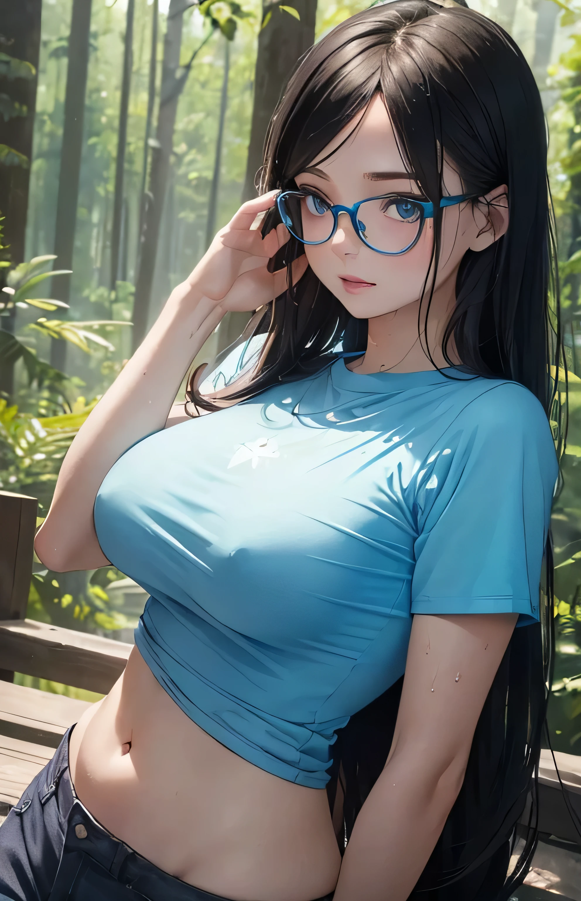 girl wear blue thin top sport t shirt, wet body, glasses, belly revealed, pastel blue long hair, top shot,((selfie)), forest background, kiss, beautiful, big breasts, flirtatious look, ((very detailed)), (perfectly detailed face), (well detailed hand), photorealistic image.
