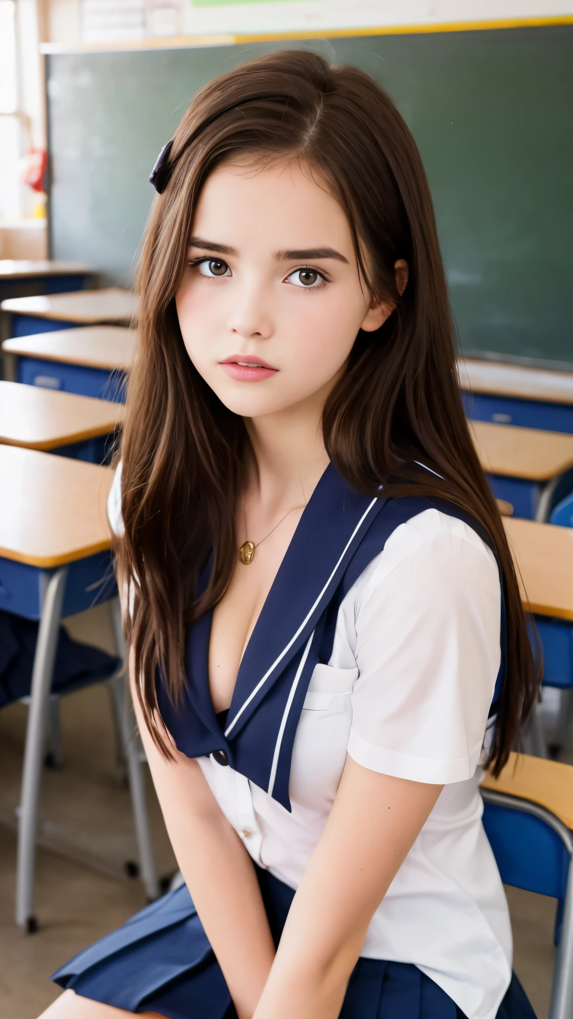 13 year old Zoey Deutch, school uniform, small cleavage, classroom, school