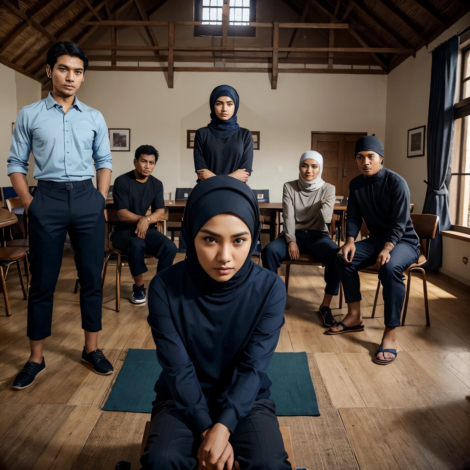 5 Indonesian men short hair and 7 beautiful women wearing hijab, taking a photo together, some sitting on chairs, wearing dark blue PDH shirtand black trousers, in the background the village hall, there is text that says "Arya", 3d animation, very focus and detail