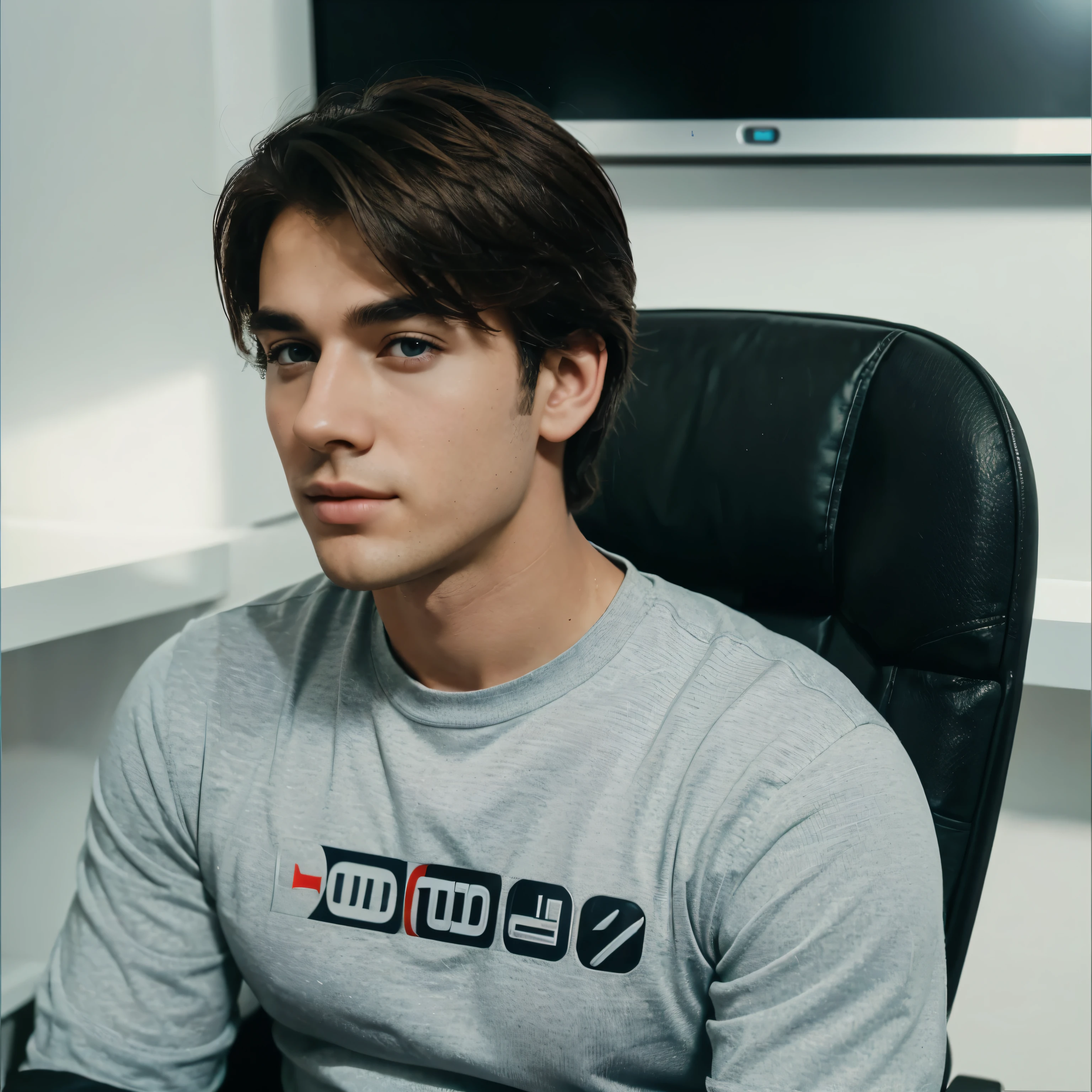 Handsome boy sitting on a logo chair of a social media logo"YouTube". wearing suite.the background is mockup of his YouTube profile page with a profile name ."smart graphics"and a profile picture.soft light reflection