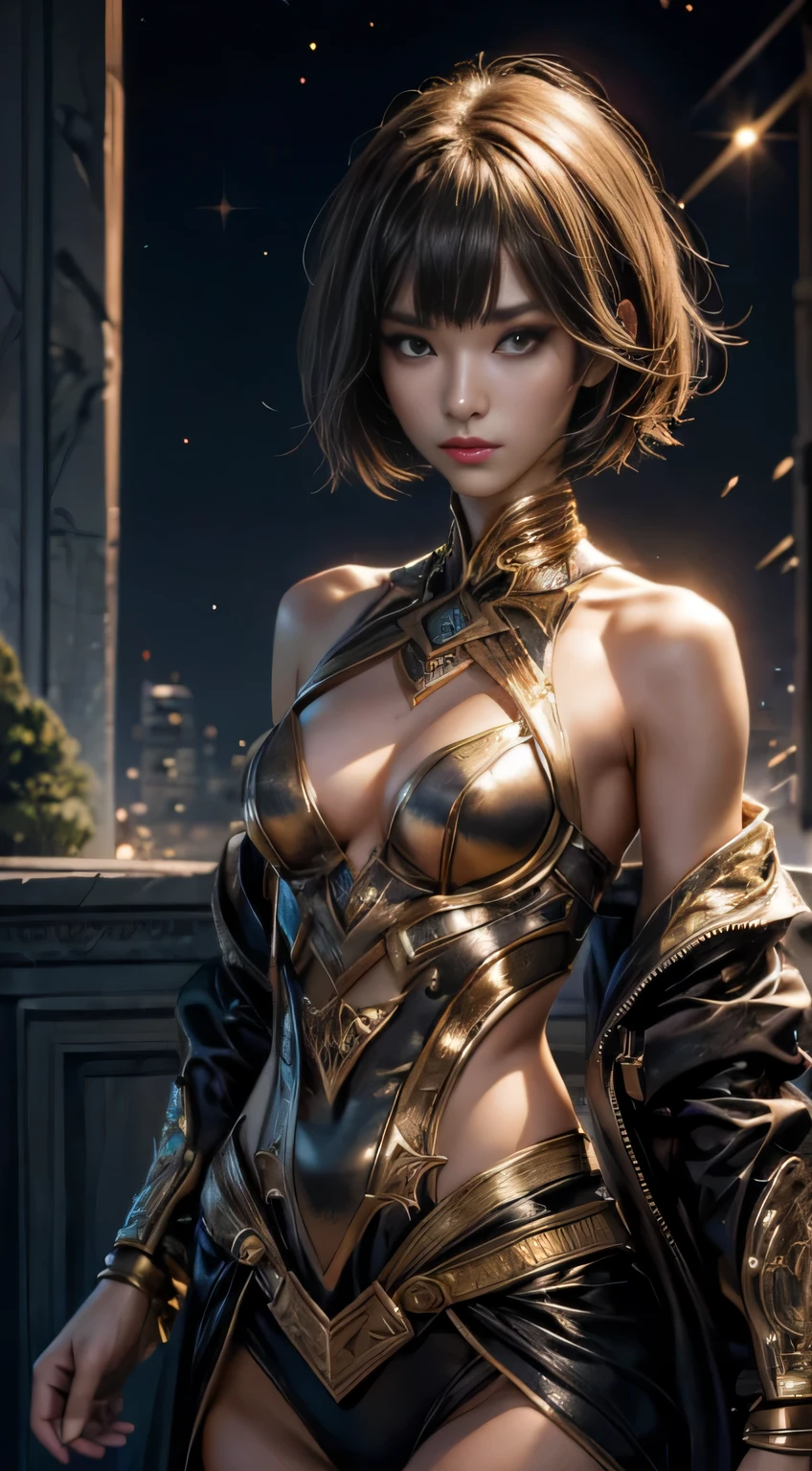 High resolution、Resident of another dimension、24-year-old beautiful girl、slender body、Very intelligent、short hairstyle、high nose、eyeliner、long、sad expression、、intelligent warrior、Glittering costumes、