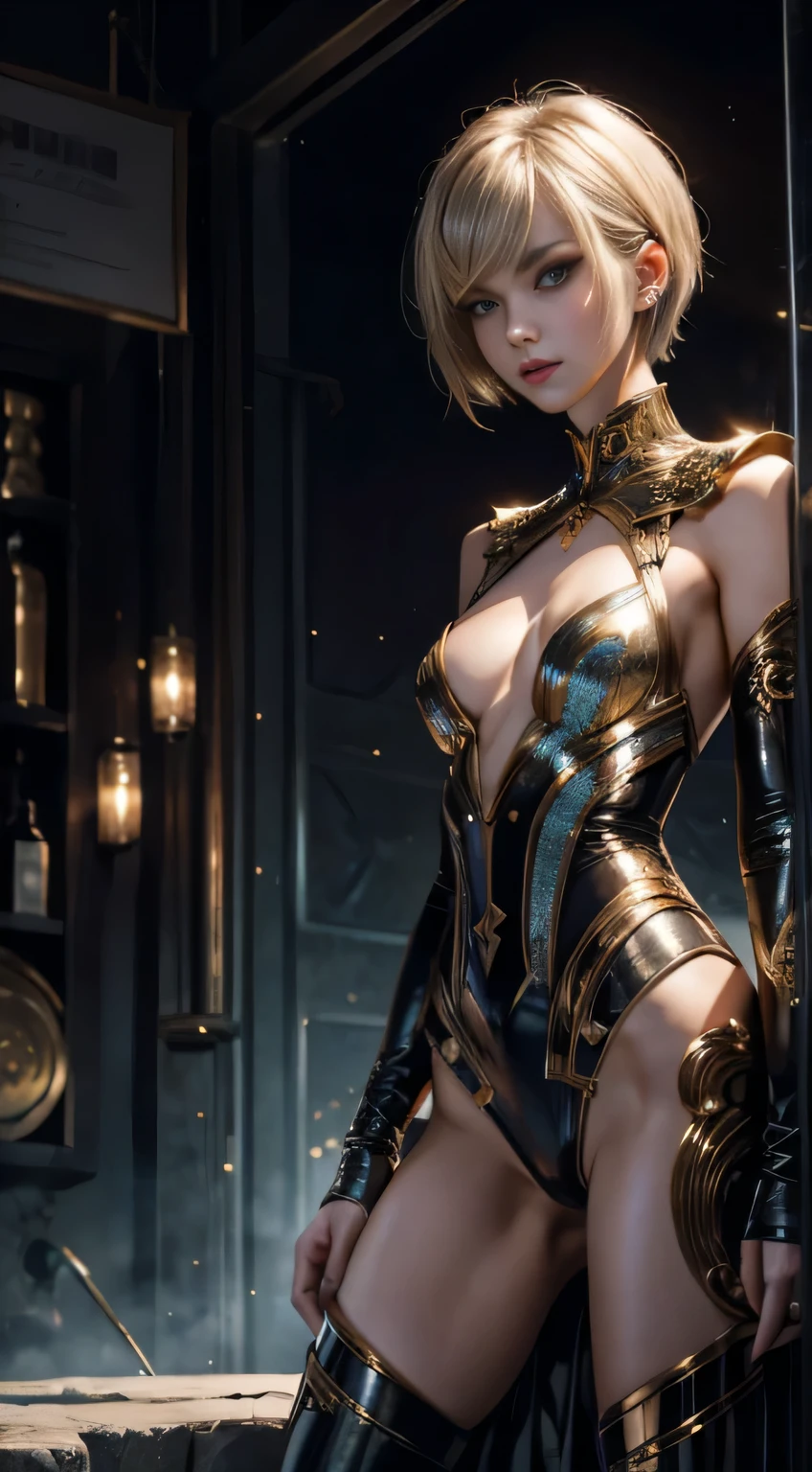 High resolution、Resident of another dimension、24-year-old beautiful girl、slender body、Very intelligent、short hairstyle、high nose、eyeliner、long、sad expression、、intelligent warrior、Glittering costumes、