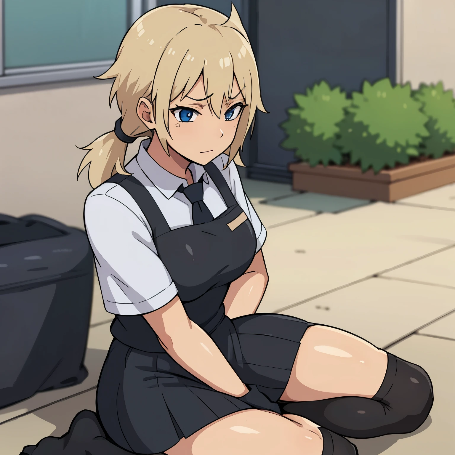 Anime girl with black hair and blue eyes has blonde hair tied in four pigtails and wears a  uniform 