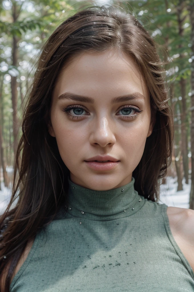 (best quality,realistic,photorealistic:1.37),woman,detailed eyes and face,detailed lips,beautiful detailed eyes,beautiful detailed lips,extremely detailed eyes and face,longeyelashes,1girl,stylish,sleeveless,green high neck crop top,skin tight jeans,snow forest background,head shot,candid photo,pretty face,professional,vivid colors