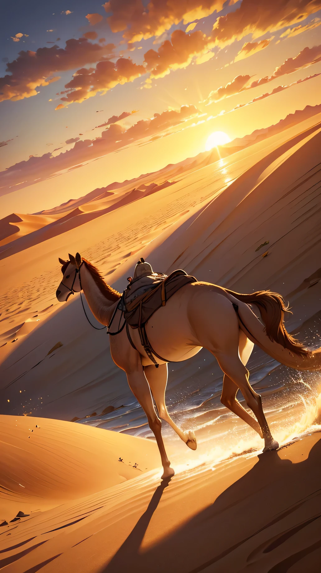 A camel showcasing how their long legs and rounded feet are designed to navigate through the sandy terrain. (best quality,4k,8k,highres,masterpiece:1.2),ultra-detailed,(realistic,photorealistic,photo-realistic:1.37),HDR,UHD,studio lighting,ultra-fine painting,sharp focus,physically-based rendering,extreme detail description,professional,vivid colors,bokeh,desert scenery,sandy landscape,sunlit oasis,blazing sunlight,seamless golden sand dunes,rippling sand waves,curved camel humps,distinctive long legs and rounded feet,majestic camel silhouette,heavy footsteps imprinting on the sand,turbulence-free steps,graceful walking posture,mirage in the distance,soft and warm color palette,natural light casting soft shadows,subtle orange hues,stark contrast between light and shadow.
