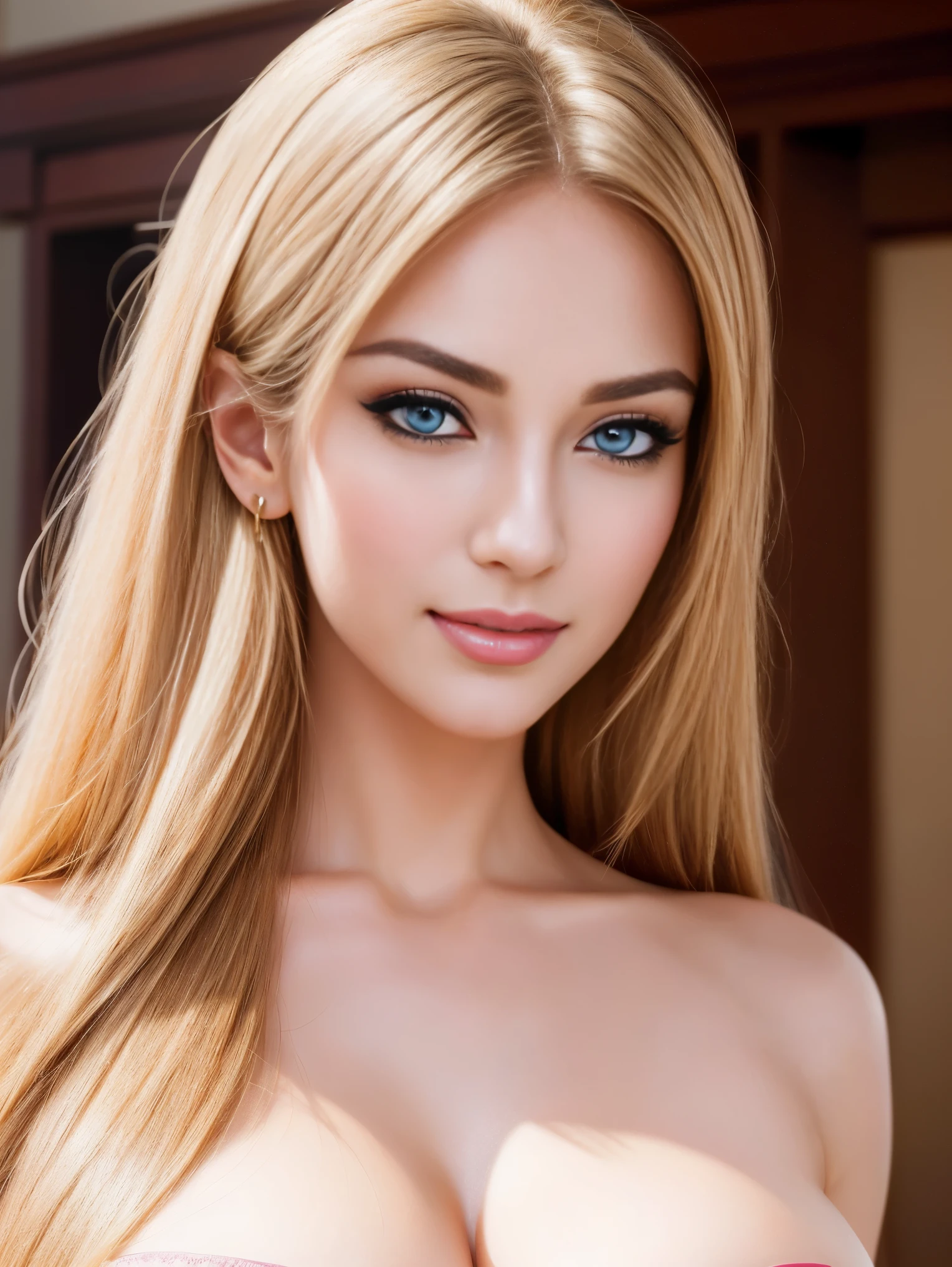 23 year old ultra hot gorgeous European woman, large breasts,  and slender, 8K, top quality, (very detailed head: 1.0), (very detailed face: 1.0), (very detailed hair: 1.0), maid clothes, very detailed official artwork, anime moe art style, clean detailed anime art, smile, golden hair, smooth long hair. Perfect anatomy, perfect hair, perfect breast, perfect body, perfect hands, perfect face, perfect eyes, accurate, anatomically correct, perfect clear and crisp focus, UHD, masterpiece, 