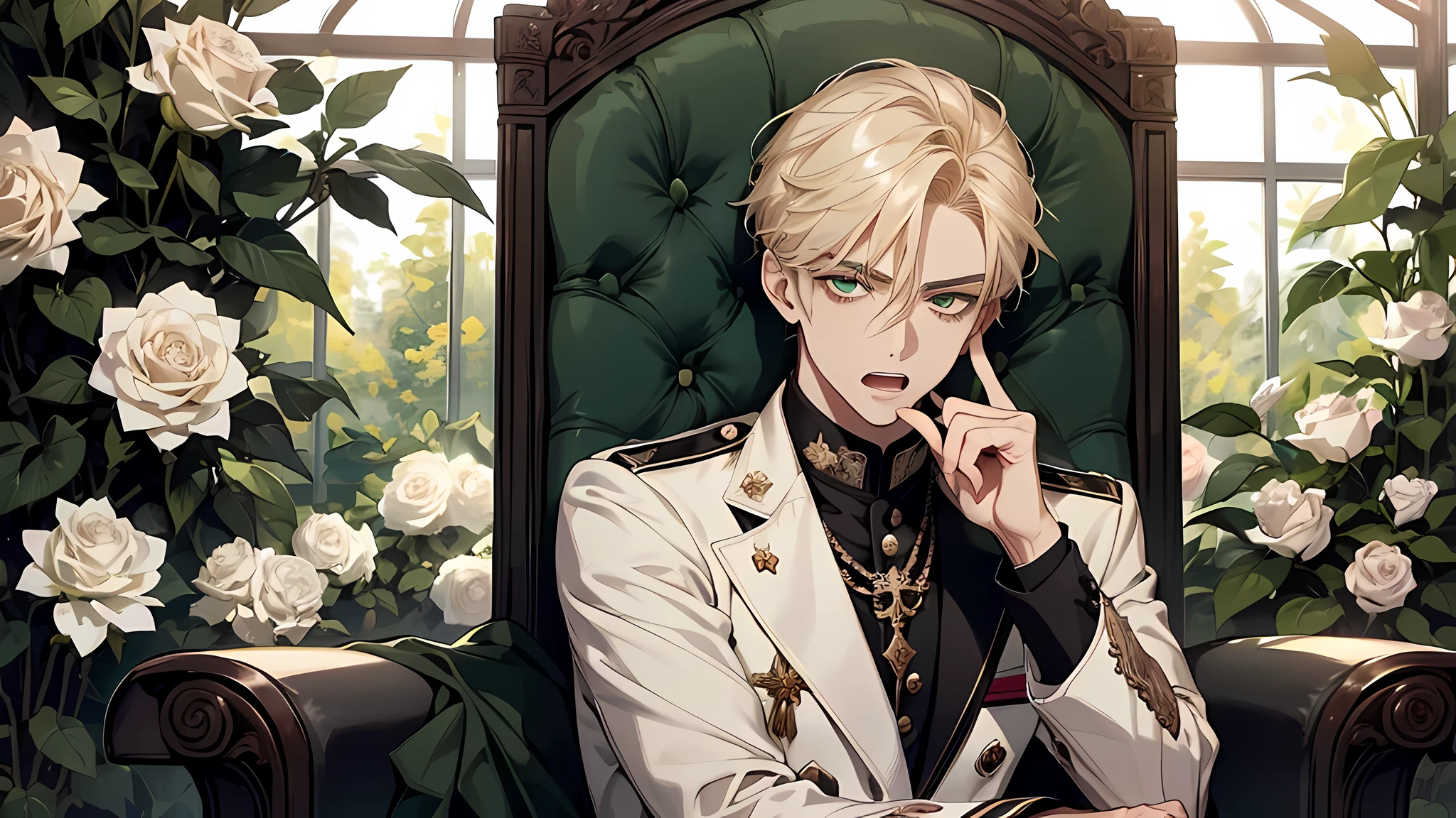 handsome young prince, short blonde hair with white strands, Green eyes, white officer's uniform, white rose, Crystal Rose, Masterpiece, hiquality, detailed face, in a greenhouse, sitting in a chair, angry face, screaming, open mouth, upset face, pointing with finger